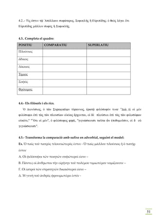 4.2..- T…j ™stin tù 'ApÒllwni sofèteroj, SofoklÁj À EÙrip…dhj; Ð qeÕj lšgei Óti
EÙrip…dhj m©llon sofÕj À SofoklÁj.


4.3.. Completa el quadre:

POSITIU              COMPARATIU                  SUPERLATIU

Πλούσιος

ἄδικος

Δίκαιος

Τίμιος

Σοφός

Φρόνιμος



4.4.- Els filòsofs i els rics.
   `O DionÚsioj, Ð tîn Surakos…wn tÚrannoj, ™rwt´ filÒsofÒn tina: "Di¦ t… oƒ mὲn
filÒsofoi ™pˆ t¦j tîn plous…wn o„k…aj œrcontai, oƒ dὲ ploÚsioi ™pˆ t¦j tîn filosÒfwn
oÙkšti;" "“Oti oƒ mšn", Ð filÒsofoj fhs…, "gignèskousi taàta ïn ™piqumoàsin, oƒ d oÙ
gignèskousi".


4.5.- Transforma la comparació amb sufixe en adverbial, seguint el model:

Ex. Ὁ παῖς τοῦ πατρὸς πλουσιώτερός ἐστιν - Ὁ παῖς μᾶλλον πλούσιος ἢ ὁ πατήρ

ἐστιν

Α. Οἱ φιλόσοφοι τῶν ποιητῶν σοφώτεροί εἰσιν –

Β. Πάντες οἱ ἄνθρωποι τὴν εἰρήνην τοῦ πολέμου τιμιωτέραν νομίζουσιν –

Γ. Οἱ ἰατροὶ τῶν στρατηγῶν δικαιότεροί εἰσιν –

Δ. Ἡ γυνὴ τοῦ ἀνδρὸς φρονιμωτέρα ἐστίν -




                                                                                       51
 