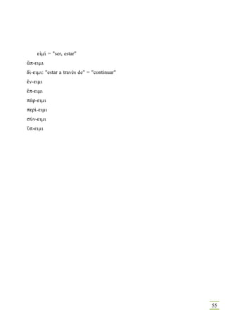 e„m… = "ser, estar"
¥p-eimi
d…-eimi: "estar a través de" = "continuar"
œn-eimi
œp-eimi
p£r-eimi
per…-eimi
sÚn-eimi
Ûp-eimi




                                             55
 