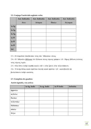 2.2. Conjuga l’aorist dels següents verbs:
         Aor. Indicatiu      Aor. Indicatiu     Aor. Indicatiu    Aor. Indicatiu

              Λύω                 Λύομαι             Ποιέω            Λέγομαι

1a Sg

2a Sg

3a Sg

1a Pl

2a Pl

3a Pl

Ιnf.


2.3.- Oƒ sofistaˆ ™pa…deusan toÝj tîn 'Aqhna…wn nšouj.
2.4.- Oƒ 'Aqhna‹oi ἠθέλεσαν tÕn SÒlwna nšouj nÒmouj gr£fein: Ð d dÁmoj ἠθέλεσε toÚtouj
toÝj nÒmouj tim©n.
2.5.- OÙk œstin ¢ndrˆ ¢gaqù kakÕn oÙd n oÜte zînti oÜte teleut»santi.
2.6.- `O ¢n¾r ¥llJ kak¦ pr£ttwn ˜autù kak¦ pr£ttei: ¹ d kak¾ boul¾ tù
bouleÚsanti ¢ndrˆ kak…sth.


2.7. Completa els quadres:

Aorist sigmàtic, veu activa:

                   1a Sg. Indic       3a sg. Indic      3a Pl Indic      Infinitiu

φρονέω

κελεύω

διώκω

τελευτάω

διδάσκω

οἰκέω

λέγω




                                                                                         63
 