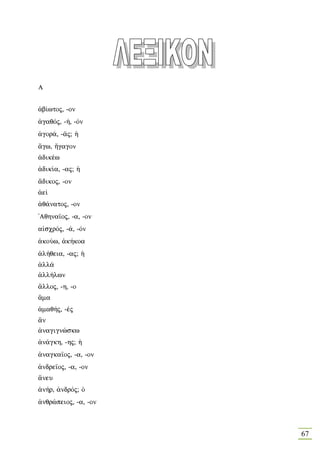 A


¢b…wtoj, -on
¢gaqÒj, -», -Òn
¢gor£, -©j; ¹
¥gw, ½gagon
¢dikšw
¢dik…a, -aj; ¹
¥dikoj, -on
¢e…
¢q£natoj, -on
'Aqhna‹oj, -a, -on
a„scrÒj, -£, -Òn
¢koÚw, ¢k»koa
¢l»qeia, -aj; ¹
¢ll£
¢ll»lwn
¥lloj, -h, -o
¤ma
¢maq»j, -šj
¥n
¢nagignèskw
¢n£gkh, -hj; ¹
¢nagka‹oj, -a, -on
¢ndre‹oj, -a, -on
¥neu
¢n»r, ¢ndrÒj; Ð
¢nqrèpeioj, -a, -on



                      67
 