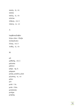 kakÒj, -», -Òn
kalšw
kalÒj, -», -Òn
keleÚw
kÒsmoj, -ou; Ð
kÚrioj, -a, -on


Λ


lamb£nw,œlabon
lšgw, eἰpon / œlexa
le…pw,œlipon
lÒgoj, -ou; Ð
LudÒj, -», -Òn


Μ


m£
maqht»j, -oà; Ð
m£lista
m©llon
m£ch, -hj; ¹
m£comai
mšgaj, meg£lh, mšga
mšgistoj, -h, -on
mšlei
mšn
met£ + Ac.
met£ + Gen.
metapoišw
metšcw
metr…wj




                      74
 