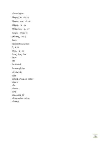 o‡omai/oἴmai
Ñligarc…a, -aj; ¹
ÑligarcikÒj, -», -Òn
Ñl…goj, -h, -on
'OlÚmpioj, -a, -on
Ônoma, -atoj; tÒ
Ðpl…thj, -ou; Ð
Ópou
Ðr£w,eἰdon,˜Òraka
Ój, ¼, Ó
Ósoj, -h, -on
Óstij, ¼tij, Óti
Ótan
Óte
Óti causal
Óti completiva
oÙ/oÙk/oÙc
oÙdš
oÙde…j, oÙdem…a, oÙdšn
oÙkšti
oân
oÜpote
oÜte
oâj, çtÒj; tÒ
oátoj, aÛth, toàto
oÛtw(j)




                         76
 