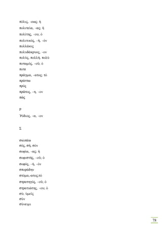 pÒlij, -ewj; ¹
polite…a, -aj; ¹
pol…thj, -ou; Ð
politikÒj, -», -Òn
poll£kij
polud£kruoj, -on
polÚj, poll», polÚ
potamÒj, -oà; Ð
pote
pr©gma, -atoj; tÒ
pr£ttw
prÒj
prîtoj, -h, -on
pîj


Ρ
`RÒdioj, -a, -on


Σ


skopšw
sÒj, s», sÒn
sof…a, -aj; ¹
sofist»j, -oà; Ð
sofÒj, -», -Òn
spor£dhn
stÒma,-atoj;tÒ
strathgÒj, -oà; Ð
stratièthj, -ou; Ð
sÚ; Øme‹j
sÚn
sÚneimi



                     78
 