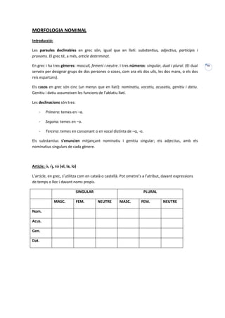 MORFOLOGIA NOMINAL
Introducció:

Les paraules declinables en grec són, igual que en llatí: substantius, adjectius, participis i
pronoms. El grec té, a més, article determinat.

En grec i ha tres gèneres: masculí, femení i neutre. I tres números: singular, dual i plural. (El dual   IV

serveix per designar grups de dos persones o coses, com ara els dos ulls, les dos mans, o els dos
reis espartans).

Els casos en grec són cinc (un menys que en llatí): nominatiu, vocatiu, acusatiu, genitiu i datiu.
Genitiu i datiu assumeixen les funcions de l’ablatiu llatí.

Les declinacions són tres:

    -    Primera: temes en –α.

    -    Segona: temes en –ο.

    -    Tercera: temes en consonant o en vocal distinta de –α, -ο.

Els substantius s’enuncien mitjançant nominatiu i genitiu singular; els adjectius, amb els
nominatius singulars de cada gènere.



Article: ὁ, ἡ, τό (el, la, lo)

L’article, en grec, s’utilitza com en català o castellà. Pot ometre’s a l’atribut, davant expressions
de temps o lloc i davant noms propis.

                             SINGULAR                                 PLURAL

               MASC.         FEM.        NEUTRE       MASC.         FEM.          NEUTRE

Nom.

Acus.

Gen.

Dat.
 