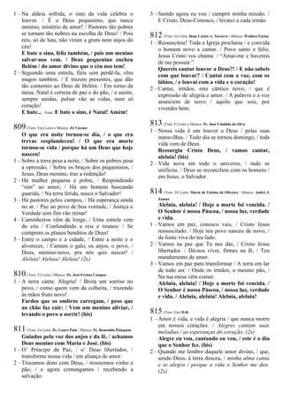 1 – Na aldeia sofrida, o sino da vida celebra o
louvor. / É o Deus pequenino, que nasce
menino, mistério de amor! / Pastores tão pobres
se tornam tão nobres na escolha de Deus! / Pois
reis, só de luta, não viram a gruta nem anjos do
céu!
E bate o sino, feliz também, / pois um menino
salvar-nos vem. / Deus pequenino encheu
Belém / do amor divino que o céu nos tem!
2 – Seguindo uma estrela, fiéis sem perdê-la, vêm
magos também. / E trazem presentes, que dão
tão contentes ao Deus de Belém. / Em torno da
mesa, Natal é certeza de paz e do pão, / e assim,
sempre unidas, pulsar vão as vidas, num só
coração!
E bate... Final: E bate o sino, é Natal! Amém!
809 (Tom: Em) Letra e Música: Zé Vicente
O que era noite tornou-se dia, / o que era
trevas resplandeceu! / O que era morte
tornou-se vida / porque há um Deus que hoje
nasceu!
1 – Sobre a terra pesa a noite, / Sobre os pobres pesa
a opressão, / Sobre os braços dos pequeninos, /
Jesus, Deus menino, traz a redenção!
2 – Há mulher pequena e pobre, / Respondendo
“sim” ao amor; / Há um homem buscando
guarida, / Na terra ferida, nasce o Salvador!
3 – Há pastores pelos campos, / Há esperança ainda
no ar. / Paz ao povo de boa vontade, / Justiça e
Verdade sem fim vão reinar!
4 – Caminheiros vêm de longe, / Uma estrela vem
do céu / Confundindo a reis e tiranos: / Se
cumprem os planos benditos de Deus!
5 – Entre o campo e a cidade, / Entre a noite e o
alvorecer, / Cantam o galo, os anjos, o povo, /
Deus, menino-novo, pra nós quis nascer! /
Aleluia! Aleluia! Aleluia! (2x)
810 (Tom: F) Letra e Música: Pe. José Freitas Campos
1 – A terra canta: Alegria! / Brota um sorriso no
povo, / como quem vem da colheita, / trazendo
às mãos fruto novo!
Fardos que os ombros carregam, / peso que
ao chão faz cair: / Vem um menino aliviar, /
levando o povo a sorrir! (bis)
811 (Tom: G) Letra: Pe. Lauro Palú / Música: Pe. Ronoaldo Pelaquim
Guiados pela voz dos anjos e da fé, / achamos
Deus menino com Maria e José. (bis)
1 – O’ Príncipe da Paz, / o’ Deus libertador, /
transforme nossa vida / em aliança de amor.
2 – Trocamos dons com Deus, / trouxemos vinho e
pão, / e agora comungamos / recebendo a
salvação.
3 – Saindo agora eu vou / cumprir minha missão. /
E Cristo, Deus-Conosco, / levarei a cada irmão.
812 (Tom: G) Letra: Dom Carlos A. Navarro / Música: Waldeci Farias
1 – Ressuscitou! Toda a Igreja proclama / e convida
o homem novo a cantar. / Povo santo e feliz,
Jesus Cristo vos chama: / “Amai-me e havereis
de me possuir.”
Quereis cantar louvor a Deus?! / E não sabeis
com que louvar? / Cantai com a voz, com os
lábios, / e louvai com a vida e o coração!
2 – Cantai, irmãos, este cântico novo, / que é
expressão de alegria e amor. / A palavra e a voz
anunciem de novo / aquilo que sois, por
viverdes bem.
813 (Tom: F) Letra e Música: Pe. José Cândido da Silva
1 – Nossa vida é um louvor a Deus / pelas suas
maravilhas. / Todo dia se tornou domingo, / toda
vida vem de Deus.
Ressurgiu Cristo Deus, / vamos cantar,
aleluia! (bis)
2 – Vida nova em todo o universo, / tudo se
unificou. / Deus se reconciliou com os homens /
em Jesus, o Salvador.
814 (Tom: D) Letra: Maria de Fátima de Oliveira / Música: André J.
Zamur
Aleluia, aleluia! / Hoje a morte foi vencida. /
O Senhor é nossa Páscoa, / nossa luz, verdade
e vida.
1 – Vamos em paz, conosco vais, / Cristo Jesus
ressuscitado. / Hoje teu povo nasceu de novo, /
da fonte viva do teu lado.
2 – Vamos na paz que Tu nos dás, / Cristo Jesus
libertador. / Dá-nos viver, firmes na fé, / Teu
mandamento de amor.
3 – Vamos em paz para transformar / A terra em lar
de todo ser. / Onde os irmãos, o mesmo pão, /
Na tua mesa vêm comer.
Aleluia, aleluia! / Hoje a morte foi vencida. /
O Senhor é nossa Páscoa, / nossa luz, verdade
e vida. / Aleluia, aleluia! Aleluia, aleluia!
815 (Tom: Em) D.R.
1 – Amor é vida, e vida é alegria / que nunca morre
em nossos corações. / Alegres cantam suas
melodias / as esperanças do coração. (2x)
Alegre eu vou, cantando eu vou, / este é o dia
que o Senhor fez. (bis)
2 – Quando me lembro daquele amor divino, / que,
sendo Deus, à terra desceu, / minha alma canta
e se alegra / porque a vida o Senhor me deu.
(2x)
 