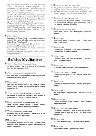 3 – Três dias, enfim, se passaram, / foi tudo uma doce
ilusão; / um susto as mulheres pregaram: / não
encontraram seu corpo mais, não. / Disseram que Ele está
vivo, / que disso souberam em visão. / Estava o sepulcro
vazio, / mas do mestre ninguém sabe, não.
4 – Jesus foi, então, relembrando: / pro Cristo na glória entrar,
/ profetas já tinham falado, / sofrimentos devia enfrentar. /
E, pelo caminho afora, / ardia-lhes o coração: / falava-lhes
das escrituras, / explicando a sua missão.
5 – Chegando, afinal, ao destino, / Jesus fez que ia passar, /
mas eles demais insistiram: / “Vem, Senhor, vem conosco
ficar!” / Sentado com eles à mesa, / deu graças e o pão
repartiu; / dos dois foi tão grande a surpresa: / “Jesus
Cristo, o Senhor, ressurgiu”.
843(Tom: G) D.R.
Lembra-te de Jesus Cristo / ressuscitado dentre os
mortos: / Ele é nossa salvação, / nossa paz, nossa vida. /
Cristo Jesus, Cristo Senhor!
1 – Se morrermos com Ele, com Ele viveremos. / Se
sofrermos com Ele, com Ele reinaremos!
2 – Se nós o negarmos, também nos negará. / Se formos
infiéis, Ele permanece fiel!
3 – Porque Ele cumpre tudo o que promete. / Este é o ensino
seguro e verdadeiro!
Refrãos Meditativos
844(Tom: D) Letra e Música: Comunidade G. Champs
O’ luz do Senhor, / que vens sobre a terra, / inunda
meu ser, / permanece em nós!
845(Tom: F) Letra e Música: Ir. Agostinha V. de Melo
Que arda como brasa / tua Palavra nos renove / esta
chama que a boca proclama!
846(Tom: E) D.R.
Boa Nova do Senhor Jesus, / Boa Nova do Senhor
Jesus: / Que se espalha, que se espalha, / que se espalha
como a luz! (2x)
847(Tom: F#m) Letra e Música: Ir. Agostinha Vieira de Melo
Inclinemos o ouvido do coração / para acolher o
Evangelho! (A Palavra!) / Atenção, atenção!
848(Tom: E) Letra e Música: Ir. Agostinha Vieira de Melo
Suba, Senhor, nosso louvor! / Como fumaça
perfumada. / Adoração, no silêncio espalhada.
849(Tom: E) Letra e Música: Frei Joel Postma
O Senhor dará a sua bênção / e nossa terra, o seu
fruto, / e nossa terra, o seu fruto.
850(Tom: G) D.R.
Uma grande multidão viera à festa / e gritava com
bravura: / Vem em nome do Senhor, bendito seja! / E
hosana nas alturas!
851(Tom: D) Letra e Música: José Acácio Santana
1 – Nós, porém, nos gloriamos / da cruz, que é salvação /
porque ela é nossa vida, / é nossa ressurreição. (bis)
2 – Pela força dessa cruz, / fomos salvos e libertos; / nela
Cristo se entregou / com seu coração aberto. (bis)
852(Tom: D) Letra e Música: Reginaldo Veloso
Nós vos adoramos, Santíssimo Senhor, / Jesus Cristo, a
Vós nosso louvor. / Porque, pela vossa santa cruz, /
Vós remistes o mundo, meu Jesus!
853(Tom: Dm) Letra: Frei Adolfo Temme
Indo e vindo / trevas e luz! / Tudo é graça, / Deus nos
conduz!
854(Tom: F) Taizé
Onde reina amor, / fraterno amor. / Onde reina
amor, / Deus aí está.
855(Tom: D) Taizé
Confiemo-nos ao Senhor, / Ele é justo e tão bondoso. /
Confiemo-nos ao Senhor, / aleluia!
856(Tom: F) Taizé
Louvarei a Deus, / seu nome bendizendo! / Louvarei a
Deus, / à vida nos conduz.
857(Tom: F) D.R.
O’ Senhor, Senhor, neste dia, / escutai nossa prece!
858(Tom: G) Letra e Música: A. Cangiani
Vossa Igreja vos pede, o’ Pai: / Senhor, nossa prece
escutai!
859(Tom: F) D.R.
Vossa Igreja eleva um clamor, / escutai nossa prece,
Senhor!
860(Tom: D) D.R.
Não fecheis hoje o vosso coração, / mas ouvi a voz do
Senhor.
861(Tom: Dm) Taizé
Confiar no Senhor é bom, confiar, / bom é esperar
sempre no Senhor.
862(Tom: C) Letra e Música: Simei Monteiro
Tua Palavra é lâmpada / para os meus pés, Senhor! /
Lâmpada para os meus pés e luz, / luz para o meu
caminho! (2x)
863(Tom: D) Taizé
O’ Cristo, amado Senhor, / o’ Cristo, amado Senhor!
864(Tom: E) D.R.
Deus vos salve, Deus! / Deus vos salve, Deus!
 