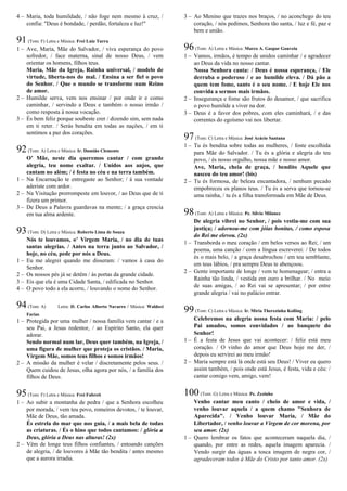 4 – Maria, toda humildade, / não foge nem mesmo à cruz, /
confia: "Deus é bondade, / perdão, fortaleza e luz!"
91(Tom: F) Letra e Música: Frei Luiz Turra
1 – Ave, Maria, Mãe do Salvador, / viva esperança do povo
sofredor, / face materna, sinal de nosso Deus, / vem
orientar os homens, filhos teus.
Maria, Mãe da Igreja, Rainha universal, / modelo de
virtude, liberta-nos do mal. / Ensina a ser fiel o povo
do Senhor. / Que o mundo se transforme num Reino
de amor.
2 – Humilde serva, vem nos ensinar / por onde ir e como
caminhar, / servindo a Deus e também o nosso irmão /
como resposta à nossa vocação.
3 – És bem feliz porque soubeste crer / dizendo sim, sem nada
em ti reter. / Serás bendita em todas as nações, / em ti
sentimos a paz dos corações.
92(Tom: A) Letra e Música: Ir. Damião Clemente
O’ Mãe, neste dia queremos cantar / com grande
alegria, teu nome exaltar. / Unidos aos anjos, que
cantam no além; / é festa no céu e na terra também.
1 – Na Encarnação te entregaste ao Senhor; / à sua vontade
aderiste com ardor.
2 – Na Visitação prorrompeste em louvor, / ao Deus que de ti
fizera um primor.
3 – De Deus a Palavra guardavas na mente; / a graça crescia
em tua alma ardente.
93(Tom: D) Letra e Música: Roberto Lima de Souza
Nós te louvamos, o’ Virgem Maria, / no dia de tuas
santas alegrias. / Antes na terra junto ao Salvador, /
hoje, no céu, pede por nós a Deus.
1 – Eu me alegrei quando me disseram: / vamos à casa do
Senhor.
2 – Os nossos pés já se detêm / às portas da grande cidade.
3 – Eis que ela é uma Cidade Santa, / edificada no Senhor.
4 – O povo todo a ela acorre, / louvando o nome do Senhor.
94(Tom: A) Letra: D. Carlos Alberto Navarro / Música: Waldeci
Farias
1 – Protegida por uma mulher / nossa família vem cantar / e a
seu Pai, a Jesus redentor, / ao Espírito Santo, ela quer
adorar.
Sendo normal num lar, Deus quer também, na Igreja, /
uma figura de mulher que proteja os cristãos. / Maria,
Virgem Mãe, somos teus filhos e somos irmãos!
2 – A missão da mulher é velar / discretamente pelos seus. /
Quem cuidou de Jesus, olha agora por nós, / a família dos
filhos de Deus.
95(Tom: F) Letra e Música: Frei Fabreti
1 – Ao subir a montanha de pedra / que a Senhora escolheu
por morada, / vem teu povo, romeiros devotos, / te louvar,
Mãe de Deus, tão amada.
És estrela do mar que nos guia, / a mais bela de todas
as criaturas. / És o hino que todos cantamos: / glória a
Deus, glória a Deus nas alturas! (2x)
2 – Vêm de longe teus filhos confiantes, / entoando canções
de alegria, / de louvores à Mãe tão bendita / antes mesmo
que a aurora irradia.
3 – Ao Menino que trazes nos braços, / no aconchego do teu
coração, / nós pedimos, Senhora tão santa, / luz e fé, paz e
bem e união.
96(Tom: A) Letra e Música: Marco A. Gaspar Gouveia
1 – Vamos, irmãos, é tempo de unidos caminhar / e agradecer
ao Deus da vida no nosso cantar.
Nossa Senhora canta: / Deus é nossa esperança, / Ele
derruba o poderoso / e ao humilde eleva. / Dá pão a
quem tem fome, santo é o seu nome. / E hoje Ele nos
convida a sermos mais irmãos.
2 – Insegurança e fome são frutos do desamor, / que sacrifica
o povo humilde a viver na dor.
3 – Deus é a favor dos pobres, com eles caminhará, / e das
correntes do egoísmo vai nos libertar.
97(Tom: C) Letra e Música: José Acácio Santana
1 – Tu és bendita sobre todas as mulheres, / foste escolhida
para Mãe do Salvador. / Tu és a glória e alegria do teu
povo, / és nosso orgulho, nossa mãe e nosso amor.
Ave, Maria, cheia de graça, / bendito Aquele que
nasceu do teu amor! (bis)
2 – Tu és formosa, de beleza encantadora, / nenhum pecado
empobreceu os planos teus. / Tu és a serva que tornou-se
uma rainha, / tu és a filha transformada em Mãe de Deus.
98(Tom: A) Letra e Música: Pe. Sílvio Milanez
De alegria vibrei no Senhor, / pois vestiu-me com sua
justiça; / adornou-me com jóias bonitas, / como esposa
do Rei me elevou. (2x)
1 – Transborda o meu coração / em belos versos ao Rei; / um
poema, uma canção / com a língua escreverei: / De todos
és o mais belo, / a graça desabrochou / em teu semblante,
em teus lábios, / pra sempre Deus te abençoou.
2 – Gente importante de longe / vem te homenagear; / entra a
Rainha tão linda, / vestida em ouro a brilhar. / No meio
de suas amigas, / ao Rei vai se apresentar; / por entre
grande alegria / vai no palácio entrar.
99(Tom: C) Letra e Música: Ir. Míria Therezinha Kolling
Celebremos na alegria nossa festa com Maria: / pelo
Pai amados, somos convidados / ao banquete do
Senhor!
1 – É a festa de Jesus que vai acontecer: / feliz está meu
coração. / O vinho do amor que Deus hoje me der, /
depois eu servirei ao meu irmão!
2 – Maria sempre está lá onde está seu Deus! / Viver eu quero
assim também, / pois onde está Jesus, é festa, vida e céu: /
cantar comigo vem, amigo, vem!
100(Tom: G) Letra e Música: Pe. Zezinho
Venho cantar meu canto / cheio de amor e vida, /
venho louvar aquela / a quem chamo "Senhora de
Aparecida". / Venho louvar Maria, / Mãe do
Libertador, / venho louvar a Virgem de cor morena, por
seu amor. (2x)
1 – Quero lembrar os fatos que aconteceram naquela dia, /
quando, por entre as redes, aquela imagem aparecia. /
Vendo surgir das águas a tosca imagem de negra cor, /
agradeceram todos à Mãe do Cristo por tanto amor. (2x)
 