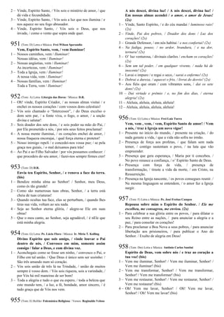 2 – Vinde, Espírito Santo, / Vós sois o mistério de amor, / que
dá vida e fecundidade.
3 – Vinde, Espírito Santo, / Vós sois a luz que nos ilumina / e
nos aquece no seu fogo abrasador.
4 – Vinde, Espírito Santo, / Vós sois o Deus, que nos
invade, / como o vento que sopra onde quer.
951(Tom: D) Letra e Música: Frei Wilson Sperandio
Vem, Espírito Santo, vem, / vem iluminar!
1 – Nossos caminhos, vem / Iluminar!
Nossas idéias, vem / Iluminar!
2 – Nossas angústias, vem / Iluminar!
As incertezas, vem / Iluminar!
3 – Toda a Igreja, vem / Iluminar!
A nossa vida, vem / Iluminar!
4 – Nossas famílias, vem / Iluminar!
Toda a Terra, vem / Iluminar!
952(Tom: A) Letra: Liturgia das Horas / Música: D.R.
1 – Oh! vinde, Espírito Criador, / as nossas almas visitai / e
enchei os nossos corações / com vossos dons celestiais!
2 – Vós sois chamado o “Intercessor”, / do Deus excelso o
dom sem par, / a fonte viva, o fogo, o amor, / a unção
divina e salutar!
3 – Sois doador dos sete dons, / e sois poder na mão do Pai, /
por Ele prometido a nós, / por nós seus feitos proclamai!
4 – A nossa mente iluminai, / os corações enchei de amor, /
nossa fraqueza encorajai, / qual força eterna e protetor!
5 – Nosso inimigo repeli / e concedei-nos vossa paz; / se pela
graça nos guiais, / o mal deixamos para trás!
6 – Ao Pai e ao Filho Salvador / por vós possamos conhecer: /
que procedeis do seu amor, / fazei-nos sempre firmes crer!
953(Tom: D) D.R.
Envia teu Espírito, Senhor, / e renova a face da terra.
(bis)
1 – Bendize minha alma ao Senhor! / Senhor, meu Deus,
como és tão grande!
2 – Como são numerosas tuas obras, Senhor, / a terra está
cheia de tuas criaturas!
3 – Quando ocultas tua face, elas se perturbam, / quando lhes
tiras sua vida, voltam ao seu nada.
4 – Seja ao Senhor eterna glória, / alegre-se Ele em suas
obras!
5 – Que o meu canto, ao Senhor, seja agradável, / é nEle que
está minha alegria.
954(Tom: G) Letra: Pe. Lúcio Floro / Música: Ir. Míria T. Kolling
Divino Espírito que sois amigo, / vinde louvar o Pai
dentro de nós, / Convosco em mim, somente assim
consigo / falar a Deus, e com divina voz.
1 – Aconchegais como se fosse um ninho, / convosco o Pai, o
Filho em tal união. / Que Deus é único sem ser sozinho: /
São três amando num só coração.
2 – Vós sois união de três lá na Trindade, / união de muitos
sempre é vosso dom. / Vós sois riqueza, sois a variedade, /
por Vós há mil maneiras de ser bom!
3 – Toda a alegria e tudo o que eu espero, / toda a beleza que
este mundo tem, / a luz, a fé, bondade, amor sincero, / é
tudo graça que de Vós nos vem.
955(Tom: E) Refrão: Folcmúsica Religiosa / Versos: Reginaldo Veloso
A nós descei, divina luz! / A nós descei, divina luz! /
Em nossas almas acendei / o amor, o amor de Jesus!
(2x)
1 – Vinde, Santo Espírito, / e do céu mandai / luminoso raio!
(2x)
2 – Vinde, Pai dos pobres, / Doador dos dons / Luz dos
corações! (2x)
3 – Grande Defensor, / em nós habitai / e nos confortai! (2x)
4 – Na fadiga, pouso; / no ardor, brandura, / e na dor,
ternura! (2x)
5 – O’ luz venturosa, / divinais clarões / encham os corações!
(2x)
6 – Sem um tal poder, / em qualquer vivente, / nada há de
inocente! (2x)
7 – Lavai o impuro / e regai o seco, / sarai o enfermo! (2x)
8 – Dobrai a dureza, / aquecei o frio, / livrai do desvio! (2x)
9 – Aos fiéis que oram / com vibrantes sons, / dai os sete
dons! (2x)
10 – Dai virtude e prêmio / e, no fim dos dias, / eterna
alegria! (2x)
11 – Aleluia, aleluia, aleluia, aleluia!
12 – Aleluia, aleluia, aleluia, aleluia!
956(Tom: G) Letra e Música: Frei Luiz Turra
Vem, vem , vem, / vem, Espírito Santo de amor! / Vem
a nós, / traz à Igreja um novo vigor!
1 – Presente no início do mundo, / presente na criação, / do
nada geraste a vida, / que a vida não sofra no irmão.
2 – Presença de força aos profetas, / que falam sem nada
temer, / contigo sustentam o povo, / na luta que vão
empreender.
3 – Presença que gera esperança, / Maria por ti concebeu. /
No povo renasce a confiança, / o’ Espírito Santo de Deus.
4 – Presença com força de vida, / presença de
transformação, / tiraste a vida da morte, / em Cristo, na
Ressurreição.
5 – Presença na Igreja nascente, / os povos consegues reunir. /
Na mesma linguagem se entendem, / o amor faz a Igreja
surgir.
957(Tom: F) Letra e Música: Pe. José Freitas Campos
Repousa sobre mim o Espírito do Senhor. / Ele me
escolheu, me consagrou, me enviou. (2x)
1 – Para celebrar a sua glória entre os povos, / para dilatar o
seu Reino entre as nações, / para anunciar a alegria e a
paz, / para consolar os corações!
2 – Para proclamar a Boa Nova a seus pobres, / para anunciar
libertação aos prisioneiros, / para publicar o Ano do
Senhor. / Exulto de alegria em Deus!
958(Tom: Dm) Letra e Música: Antônio Carlos Santini
Espírito de Deus, vem sobre nós / e traz ao coração a
tua voz! (bis)
1 – Vem me iluminar, Senhor! / Vem me iluminar, Senhor! /
Vem me iluminar! (bis)
2 – Vem me transformar, Senhor! / Vem me transformar,
Senhor! / Vem me transformar! (bis)
3 – Vem me restaurar, Senhor! / Vem me restaurar, Senhor! /
Vem me restaurar! (bis)
4 – Oh! Vem me lavar, Senhor! / Oh! Vem me lavar,
Senhor! / Oh! Vem me lavar! (bis)
 
