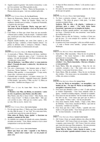 4 – Aquele a quem tu geraste / dos mortos ressuscitou; / a nós
na Cruz aceitaste / por filhos gerados na dor.
5 – Por nós intercede, o’ Maria, / Maria da Ressurreição, / a
Páscoa eterna nos guia, / vem nos conduzir pela mão.
1029(Tom: E) Letra e Música: Pe. Ney Brasil Pereira
1 – Maria do Pentecostes, Maria da intercessão, Maria que
atrai o Espírito, / Maria da Oração, Maria com as
mulheres, reunida com os irmãos, / à espera do Prometido,
o Espírito dos sete dons!
Tal como lá, no Cenáculo, Maria, roga por nós! /
Atrai-nos os dons do Espírito / e leva ao Pai nossa voz!
(bis)
2 – Com Pedro, os Onze que viram Jesus em sua ascensão,
voltaram para a cidade, à sala da oração. / Unânimes todos
eles, oraram por nove dias, Maria no meio deles, e então a
Igreja nascia.
3 – Naquele manhã bendita, um vento forte soprou e, em
línguas de fogo, / ardentes, o Santo Espírito entrou! / As
portas se abriram todas e começou a Missão: / Maria,
junto aos discípulos, é a Intercessora em ação.
1030(Tom: Em) Letra e Música: Ir. Míria Therezinha Kolling
1 – A vossos pés, o’ Maria, / Mãe nossa e de Jesus, / pedimos:
Estrela-Guia, / guiai-nos para a Luz! / Livrai-nos dos
perigos, / do mal, da tentação! / De Deus seremos amigos,
/ levados por vossas mãos!
Mãe do Redentor, / aos filhos volvei / o vosso materno
olhar! / Fazendo do amor / a única lei, / oh, dai-nos no
céu vos louvar!
2 – Vós sois a Intercessora / dos homens junto a Deus! /
Fazei-nos, Nossa Senhora, / viver na terra os céus! /
Pedimos, Mãe querida, / a vossa proteção. / E seja, assim,
nossa vida, / convosco um só coração!
3 – Cantando aqui vossas glórias, / se ergue a nossa voz. / E,
passo a passo, as vitórias, / seguindo vamos nós! / Bendito
o Filho amado, / que assim, o’ Mãe, vos fez! / E, filhos, ao
vosso lado, / também nos chegue a vez!
1031 (Tom: A) Letra: Pe. Lauro Palú / Música: Pe. Ronoaldo
Pelaquim
O Menino e sua Mãe, em Belém, eu encontrei: / entre
os reis e os pastores, meu Pastor, meu Rei. (bis)
Meu Pastor, meu Rei é Jesus Cristo! / Meu Pastor, meu
Rei é Jesus Cristo! / E Maria é minha Mãe! / Mãe que
com carinho eu amo, / Mãe que me conduz e guia, / Mãe
na vida, Mãe na morte. Amém! (2x)
1032(Tom: C) Letra e Música: José Acácio Santana
1 – Foi um anjo que disse, o’ Maria, que foste escolhida Mãe
da vida, Mãe do amor. / E teu “sim” foi a nota mais forte,
o acorde mais santo do teu canto de louvor.
Pelas mãos de Maria, Jesus, ajudai / a fazermos no
mundo a vontade do Pai. (bis)
2 – Ao trabalho nos campos do mundo nós somos chamados,
enviados em missão. / Vem, Maria, ensinar a viver o amor
compromisso a serviço dos irmãos.
1033(Tom: C) Letra e Música: José Acácio Santana
Quero que faças em mim / segundo a tua Palavra,
Senhor. / Quero dizer sempre sim / ao teu projeto de
amor. (2x)
1 – O Anjo de Deus anunciou a Maria / e ela aceitou o que o
Anjo dizia.
2 – Os anjos da terra também anunciam / palavras de vida e
de luz que nos guiam.
1034(Tom: D) Letra e Música: José Acácio Santana
1 – Tu foste a primeira criatura / que o Corpo de Cristo
recebeu. / Tão cheia de graça e toda pura, / tu deste
morada ao próprio Deus.
Senhora, Mãe da vida e da alegria, / ensina-nos a
abrirmos para o amor. / Por meio desta Santa
Eucaristia / queremos ser os templos do Senhor.
2 – Belém se fechou, quando pediste / um simples lugar pra
teu Jesus. / Choraste de dor, mas assumiste / num rancho
de ovelhas deste a luz.
3 – Depois, bem no alto do Calvário, / recebes o Cristo aos
pés da cruz. / E o teu coração foi o sacrário / de toda a
Paixão do teu Jesus.
4 – O anúncio de Cristo ressurgido / refez teu sofrido coração.
/ E toda a Paixão criou sentido, / porque mereceu a
Redenção.
1035(Tom: Bb) Letra e Música: José Acácio Santana
1 – Santa Maria, Mãe imaculada, / Deus fez de vós portal da
salvação. / Em nossa humana e dura caminhada, /
queremos ter a vossa proteção.
Ave, Maria imaculada, / Mãe e Rainha de todos os
cristãos! / Ave, Maria imaculada, / Dai-nos a bênção e
a vossa proteção!
2 – Santa Maria, Mãe dos peregrinos, / Deus fez de vós
caminho, exemplo e luz. / Dai rumo certo aos nossos
destinos / e com amor levai-nos a Jesus.
3 – Santa Maria, Mãe da unidade, / Deus fez de vós Rainha
dos cristãos. / Em nossa casa e na comunidade, / vós sois
a Mãe, nós somos os irmãos.
1036(Tom: Bm) Letra e Música: Pe. Antonio Maria
No mar de Maria eu mergulhei, / eu mergulhei e me
banhei de luz. / No mar de Maria eu mergulhei, / eu
mergulhei e encontrei Jesus.
1 – Esse Jesus que abranda o vento e o mar / E sabe acalmar
as minhas tempestades. / Esse Jesus andando sobre as
águas, / curando as minhas mágoas, / dizendo só verdades.
2 – Esse Jesus do mar da Galiléia / me faz mudar de idéia, me
faz feliz na dor. / Esse Jesus que quer que eu deixe a
rede,/ repete: “Vinde e vede”, / me faz seu pescador.
3 – Esse Jesus chamou André, Simão, / Tiago e João, filhos
de Zebedeu. / Esse Jesus, nascido de Maria, / que está na
Eucaristia, / também me escolheu.
4 – Esse Jesus que deu a mão a Pedro, / quando este teve
medo e a fé quase perdia. / Esse Jesus que prova a minha
fé, / no meu Genesaré, / o mar da vida.
1037(Tom: Dm) Letra e Música: Antonio Carlos Santini
1 – Ah! Como é bom ser amado debaixo dos olhos da Mãe-
Toda-Amor! / Ah! Como é bom ver seu manto, / tirar todo
o espanto, curar nossa dor! / Ah! Como é bom ter certeza
que, junto da mesa que Deus preparou, / há uma presença
materna, bem doce e bem terna, que nos adotou.
Nossa Mãe és, Maria, / toda a Igreja te canta / e um
louvor se levanta / quando unimos a nossa voz. / E, se a
 