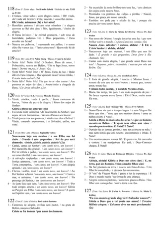 118 (Tom: F) Texto adap.: Frei Emílio Scheid / Melodia do séc. XVII
ou XVIII
1 – Cristãos, vinde todos / com alegres cantos. / Oh! vinde,
oh! vinde até Belém! / Vede, nascido, / vosso Rei eterno.
Oh! vinde, adoremos (3x) o Salvador!
2 – Humildes pastores / deixam seus rebanhos / e alegres
acorrem ao Rei dos céus. / Nós, igualmente, / cheios de
alegria.
3 – O Deus invisível / de eternal grandeza, / sob véus de
humildade, podemos ver. / Deus pequenino, / Deus
envolto em faixas!
4 – Nasceu em pobreza, / repousando em palhas, / o nosso
afeto lhe vamos dar. / Tanto amou-nos! / Quem não há de
amá-lo?
119(Tom: Bb) Letra: Frei Pedro Sinzig / Música: Franz X. Gruber
1 – Noite feliz! Noite feliz! O Senhor, Deus de amor, /
Pobrezinho, nasceu em Belém, / Eis na lapa Jesus, nosso
bem! / Dorme em paz, o’ Jesus! (2x)
2 – Noite feliz! Noite feliz! / O’ Jesus, Deus da luz, / Quão
afável é teu coração, / Que quiseste nascer nosso irmão, /
E a nós todos salvar! (2x)
3 – Noite feliz! Noite feliz! Eis que no ar vêm cantar / Aos
pastores os anjos do céus, / Anunciando a chegada de
Deus, / De Jesus salvador. (2x)
120(Tom: F) Versão: D.R. / Música: Melodia francesa
1 – Vinde, cristãos, vinde à porfia, / hinos cantemos de
louvor, / hinos de paz e de alegria, / hinos dos anjos do
Senhor:
Glória a Deus nas alturas! (bis)
2 – Foi nesta noite venturosa / do nascimento do Senhor / que
anjos, de voz harmoniosa, / deram a Deus o seu louvor:
3 – Vinde juntar-vos aos pastores, / vinde com eles a Belém! /
Vinde, correndo pressurosos, / o Salvador, enfim, nos
vem!
121 (Tom: Bm) Letra e Música: Reginaldo Veloso
Nasceu-nos hoje um menino / e um Filho nos foi
dado. / Grande é este pequenino, / Rei da paz será
chamado. Aleluia, aleluia, aleluia, aleluia! (2x)
1 – Cantai, cantai ao Senhor / um canto novo, um louvor! /
Por maravilha tão grande, / um canto novo, um louvor! /
Por tal vitória e poder, / um canto novo, um louvor! / Por
um amor tão fiel, / um canto novo, um louvor!
2 – A salvação resplendeu: / um canto novo, um louvor! /
Justiça apareceu, / um canto novo, um louvor! / Toda a
Terra contemplou, / um canto, um louvor! / Com alegria
aplaudi, / um canto novo, um louvor!
3 – Clarins, violões, tocai / um canto novo, um louvor! / Ao
Rei Senhor aclamai / um canto novo, um louvor! / Cante o
mar, o universo, / um canto novo, um louvor! / Na
presença do Senhor, / um canto novo, um louvor!
4 – Ao justo Juiz que vem, / um canto novo, um louvor! / Por
todo sempre, amém, / um canto novo, um louvor! Glória
ao Pai por seu Filho, / um canto novo, um louvor! A quem
no Espírito vem, / um canto novo, um louvor!
122 (Tom: F) Letra e Música: José Acácio Santana
1 – Cantemos de alegria, ovelhas sem pastor, / na gruta de
Belém, nasceu o Salvador.
Cristo se fez homem / por amor dos homens.
2 – Na escuridão da noite brilhou-nos uma luz, / aos cânticos
dos anjos a nós nasceu Jesus.
3 – Prostrados vos pedimos das culpas o perdão. / Nascei,
Jesus, por graça, em nosso coração.
4 – Também vos pede paz o século da luz, / porque ele
precisa do vosso amor, Jesus.
123 (Tom: E) Letra: Ir. Maria de Fátima de Oliveira / Música: Pe. José
Weber
1 – Nas terras do Oriente, / surgiu dos céus uma luz / que vem
brilhar sobre o mundo, / e para Deus nos conduz. (2x)
Nasceu Jesus salvador: / aleluia, aleluia! / É Ele o
Cristo Senhor: / aleluia, aleluia!
2 – Nasceu-nos hoje um menino, / um filho que nos foi
dado. / É grande e tão pequenino, Deus forte é Ele
chamado. (2x)
3 – Cantai com muita alegria, / que grande amor Deus nos
tem! / Pequeno, pobre, escondido, / nasceu por nós em
Belém. (2x)
124(Tom: E) Letra e Música: Pe. José Cândido da Silva
1 – É festa de grande alegria, / nasceu o Menino Jesus, /
ternura do céu que na terra brotou, / trouxe paz, trouxe
amor, trouxe luz.
Venham todos cantar, / é natal do Menino Jesus.
2 – Maria, tão meiga, tão pura, / seu rosto resplende de paz. /
No berço repousa suave Jesus: / Ele é Deus, muito amor
Ele traz.
125(Tom: C) Letra: José Thomaz Filho / Música: Frei Fabreti
1 – Nosso Deus viu que o tempo chegou / e uma Virgem lhe
disse que sim. / Vem, que um menino chorou / entre as
palhas assim: é Natal!
Glória a Deus no mais alto dos céus / e que os homens
encontrem Belém. / Tragam seus olhos sem véus, /
reconheçam também: É Natal! É Natal!
2 – O poder fez as contas, porém, / para ter a certeza na mão, /
mas nem notou que em Belém / encontramos o irmão. É
Natal!
3 – Um menino nasceu, vamos lá! / E quem viu, foi correndo
e contou: / na manjedoura Ele está. / Deus-Conosco
chegou. É Natal!
126 (Tom: C) Letra: Maria de Fátima de Oliveira / Música: Pe. José
Weber
Aleluia, aleluia! Glória a Deus nos altos céus! / E, na
terra, paz aos homens, / bem-amados filhos seus!
1 – Da flor plantada na terra, / nasceu um fruto divino. / Um
filho foi concebido, / o céu nos deu um menino.
2 – O "sim" da Virgem Maria / gerou a luz da esperança. / E
Deus o mundo recria / na forma de uma criança.
3 – Alegres como os pastores, / cantemos graças a Deus. / Seu
filho vem como pobre, / unir a terra e os céus.
127 (Tom: Em) Letra: D. Carlos A. Navarro / Música: Ir. Míria T.
Kolling
“Eu vos anuncio grande alegria: O Salvador nasceu!” /
Glória a Deus que a tal ponto nos amou! / Terceiro
Milênio chegou! / Tal amor deve ser mais proclamado!
(2x)
 