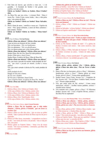 1 – Este hino de louvor, que envolve o meu ser, / é de
gratidão. / A bondade do Senhor é tão grande, sem
confim, veio até a mim.
Glória ao Senhor! Glória ao Senhor, Deus Criador!
(bis)
2 – Ao Deus Pai, que nos criou, / a ternura filial. / Deus é
nosso Pai. / Jesus Cristo, nosso irmão, / deu a vida pelos
seus, / nós somos de Deus.
Glória ao Senhor! Glória ao Senhor! Deus Salvador.
(bis)
3 – Deus é fonte de amor, / santifica o nosso ser, / Espírito de
amor. / Nós, Igreja militante, o amor de Deus cantamos /
para sempre. Amém!
Glória ao Senhor! Glória ao Senhor, / Deus-Amor!
(bis)
193(Tom: D) Música: Frei Joel Postma
Glória a Deus nas alturas! / Glória a Deus nas alturas!
E paz na terra aos homens de boa vontade.
Nós vos louvamos. / Nós vos bendizemos.
Nós vos adoramos. / Nós vos glorificamos.
Nós vos damos graças por vossa imensa glória.
Glória a Deus nas alturas! / Glória a Deus nas alturas!
Senhor Deus, Rei do Céu, Deus Pai todo-poderoso.
Senhor Filho único, Jesus Cristo!
Senhor Deus, Cordeiro de Deus, Filho de Deus Pai.
Glória a Deus nas alturas! / Glória a Deus nas alturas!
Vós, que tirais o pecado do mundo, tende piedade de nós!
Vós, que tirais o pecado do mundo, acolhei a nossa
súplica.
Vós, que estais sentado à direita do Pai, tende piedade de
nós, /
tende piedade de nós!
Porque só Vós sois o Santo.
Só Vós sois o Senhor.
Só Vós sois o Altíssimo, Jesus Cristo.
Com o Espírito Santo, na glória de Deus Pai. Amém!
Glória a Deus nas alturas! / Glória a Deus nas alturas!
194(Tom: Dm) D.R.
1 – Glória a Deus. (2x) / Glória ao Criador. (bis)
A Ele seja a Glória. (2x) / Aleluia, amém. (4x)
2 – Glória a Deus. (2x) / Glória ao Redentor. (bis)
A Ele seja a Glória. (2x) / Aleluia, amém. (4x)
3 – Glória a Deus. (2x) / Santificador. (bis)
A Ele seja a Glória. (2x) / Aleluia, amém. (4x)
195(Tom: Dm) Letra e Música: João E. Roath Machado
Glória a Deus Pai de bondade, que à vida todos
chamou. / Glória, glória à Trindade, que em Jesus se
revelou. (2x)
1 – Glória a Deus no alto dos céus, / paz na terra ao pobre
sofrido. / Que a justiça do Reino de Deus seja luz do povo
oprimido.
2 – Glória ao Filho Jesus, encarnado, / companheiro na luta e
na dor, / nos remiu da morte e do pecado, / deu a vida por
nós, com amor.
3 – Demos glória ao Espírito Santo, / força viva de nossa
missão. / Ele vem nos lembrar, / entretanto, que Deus faz
conosco comunhão.
196(Tom: E) D.R.
Aleluia (4x), glória ao Senhor! (bis)
1• Glória ao Senhor, nosso Pai! (3x) / Glória ao Senhor!
2• Glória a Jesus Cristo redentor. (3x) / Glória ao Senhor!
3• Glória ao Espírito Santo. (3x) / Glória ao Senhor!
4• Glória à Santíssima Trindade. (3x) / Glória ao Senhor!
197(Tom: G) Letra e Música: Pe. Ney Brasil Pereira
Glória a Deus no céu! / Glória a Deus no céu! / Paz na
terra aos homens!
1 – Glória a Deus, o Pai! / Glória ao Criador! / Glória nas
alturas!
2 – Glória ao Salvador, / a Jesus Senhor! / Glória nas alturas!
3 – Glória ao Espírito santificador! / Glória nas alturas!
198(Tom: C) Letra e Música: Ir. Míria Therezinha Kolling
Glória a Deus lá nos céus! / Todos os anjos cantam sua
bondade! / E entre nós paz e bem! / Pedem os homens
de boa vontade.
1 – Glória ao Pai Eterno, Criador de tudo! / É a glória do
Senhor vivermos sem temor, / não como escravos, mas
filhos livres.
2 – Glória a Deus, o Filho, Salvador do homem! / É a glória
do Senhor vivermos no amor, / irmãos de todos, todos
irmãos.
3 – Glória a Deus, o Santo santificador! / É a glória do Senhor
vivermos o louvor / na unidade que gera a vida.
199(Tom: E) Letra e Música: Frei Fabreti
Glória, glória, glória, aleluia! (2x) / Glória, glória,
glória a Deus nos altos céus, / Paz na Terra a todos
nós!
1 – Deus e Pai nós vos louvamos, glória a Deus! / Adoramos,
bendizemos, glória a Deus! / Damos glória ao vosso
Nome, glória a Deus! / Vossos dons agradecemos!
2 – Senhor nosso, Jesus Cristo, hosana rey! / Unigênito do
Pai, hosana rah! / Vós de Deus, Cordeiro Santo, hosana
rey! / Nossas culpas perdoai!
3 – Vós, que estais junto do Pai, aleluia! / Como nosso
intercessor, aleluia! / Acolhei nossos pedidos, aleluia! /
Atendei nosso clamor!
4 – Vós somente sois o Santo, glória a Deus! / O Altíssimo
Senhor, hosana rah! / Com o Espírito Divino, aleluia! /
De Deus Pai no esplendor!
200(Tom: G) Letra: José Thomaz Filho / Música: Frei Fabreti
Glória a Deus nas alturas: / Glória, glória, aleluia! /
Glória a Deus, paz na terra, / Glória, glória, aleluia! /
Glória, glória nos céus! / Paz na terra entre os homens.
(2x)
1 – Glória a Deus, glória ao Pai! / Glória a Deus criador, / que
no Filho tornou-se / o Senhor Deus da vida!
2 – Glória a Deus, glória ao Filho! / Glória a Deus, nosso
irmão! / Nos remiu do pecado, / nos abriu novo Reino!
3 – Glória ao Espírito Santo, / Deus que nos santifica! / Glória
a Deus que nos une / a caminho do Pai!
4 – Glória a Deus uno e santo: / Pai, Espírito e Filho! / Glória
a Deus uno e trino! Glória ao Deus comunhão!
201(Tom: F) Letra e Música: Pe. Ney Brasil Pereira
Glória a Deus no céu, paz na terra aos homens, glória
a Deus! Aleluia!
 