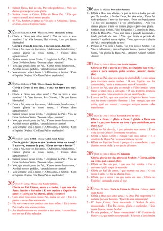 1 – Senhor Deus, Rei do céu, Pai todo-poderoso, / Nós vos
damos graças pela vossa glória.
2 – Senhor Jesus, o Cristo, Filho de Deus Pai, / Vós que
venceis o mal, tirais nosso pecado.
3 – Só Vós, Senhor, o Santo, só Vós sois o Altíssimo, / Jesus,
o Cristo, com o Espírito Santo.
202(Tom: G) Letra: CNBB / Música: Ir. Míria Therezinha Kolling
1 – Glória a Deus nos altos céus! / Paz na terra a seus
amados! / A Vós louvam, Rei celeste, / os que foram
libertados!
Glória a Deus, lá nos céus, e paz aos seus. Amém!
2 – Deus e Pai, nós vos louvamos, / Adoramos, bendizemos; /
Damos glória ao vosso nome, / Vossos dons
agradecemos!
3 – Senhor nosso, Jesus Cristo, / Unigênito do Pai, / Vós, de
Deus Cordeiro Santo, / Nossas culpas perdoai!
4 – Vós, que estais junto do Pai, / Como nosso Intercessor, /
Acolhei nossos pedidos, / Atendei nosso clamor!
5 – Vós somente sois o Santo, / O Altíssimo, o Senhor, / Com
o Espírito Divino, / De Deus Pai no esplendor!
203(Tom: G) Letra: CNBB / Música: Renato Bevilacqua
Glória a Deus lá nos céus, / e paz na terra aos seus!
(bis)
1 – Glória a Deus nos altos céus! / Paz na terra a seus
amados! / A Vós louvam, Rei Celeste, / Os que foram
libertados!
2 – Deus e Pai, nós vos louvamos, / Adoramos, bendizemos; /
Damos glória ao vosso nome, / Vossos dons
agradecemos!
3 – Senhor nosso, Jesus Cristo, / Unigênito do Pai, / Vós, de
Deus Cordeiro Santo, / Nossas culpas perdoai!
4 – Vós, que estais junto do Pai, / Como nosso Intercessor, /
Acolhei nossos pedidos, / Atendei nosso clamor!
5 – Vós somente sois o Santo, / O Altíssimo, o Senhor, / Com
o Espírito Divino, / De Deus Pai no esplendor!
204(Tom: F) Letra: CNBB / Música: André Jamil Zamur
Glória, glória! Anjos no céu / cantam todos seu amor! /
E na terra, homens de paz: / “Deus merece o louvor!”
1 – Deus e Pai, nós vos louvamos, / Adoramos, bendizemos, /
Damos glória ao vosso nome, / Vossos dons
agradecemos!
2 – Senhor nosso, Jesus Cristo, / Unigênito do Pai, / Vós, de
Deus Cordeiro Santo, / Nossas culpas perdoai!
3 – Vós, que estais junto do Pai, / Como nosso Intercessor, /
Acolhei nossos pedidos, / Atendei nosso clamor!
4 – Vós somente sois o Santo, / O Altíssimo, o Senhor, / Com
o Espírito Divino, / De Deus Pai no esplendor!
205(Tom: F) Letra e Música: José Acácio Santana
Glória ao Pai Eterno, santo e criador, / que nos deu
Jesus, irmão e Salvador / E nos enviou o Espírito do
amor! / Glória ao Pai eterno, glória e louvor!
1 – Com amor louvamos nosso Pai, numa só voz; / Ele é o
pastor e as ovelhas somos nós.
2 – Ele nos criou e nos conduz com suas mãos; / Ele é nosso
Pai e todos nós somos irmãos.
3 – Ao abandonarmos seu caminho e seu amor, / reconciliou-
nos em seu Filho salvador.
206(Tom: G) Música: José Acácio Santana
1 – Glória a Deus nas alturas, / e paz na terra a todos que são
por Ele amados. / Senhor Deus, Rei dos céus, / Deus Pai
todo-poderoso, / nós vos louvamos. / Nós vos bendizemos
/ e nós vos adoramos / e vos glorificamos. / Nós vos
damos graças / e nós vos damos graças / por vossa glória.
2 – Senhor Jesus Cristo, Filho Unigênito. / Cordeiro de Deus,
Filho de Deus Pai. / Vós, que tirais o pecado do mundo, /
tende piedade de nós. / Vós, que tirais o pecado do
mundo, / acolhei nossa súplica. / Vós, que estais à direita
do Pai, / tende piedade de nós!
3 – Porque só Vós sois o Santo, / só Vós sois o Senhor, / só
Vós, o Altíssimo, / com o Espírito Santo, / com o Espírito
Santo, / na glória de Deus Pai. / Amém! Amém! Amém!
Amém!
207(Tom: A) Letra e Música: José Acácio Santana
Glória ao Pai e glória ao Filho, ao Espírito que vem, /
agora e para sempre, pelos séculos. Amém! Amém!
(bis)
1 – Louvor ao Pai, que nos amou na eternidade / e nos amou
para vivermos como irmãos. / O seu Espírito nos fez
comunidade, / uniu a todos numa santa Comunhão.
2 – Louvor ao Pai, que deu ao mundo o Filho amado / para
trazer a todos nós a salvação. / O seu Espírito arrancou
nosso pecado, / nos envolveu em sua santificação.
3 – Louvor ao Pai, que nos mandou o Espírito Santo / com
sua luz nosso caminho iluminar. / Sua energia, que nos
cobre, qual um manto, / consegue sempre nossas vidas
transformar.
208(Tom: E) Letra e Música: Geraldo Carlos da Silva
Glória a Deus, / glória a Deus, / glória a Deus nos
céus / e paz aos homens na terra / que trabalham para
Deus. (2x)
1 – Glória ao Pai do céu, / que primeiro nos amou. / E em
vista do seu Cristo / livremente nos criou.
2 – Glória a Jesus Cristo / porque veio nos salvar. / E o
mistério de Deus Pai / veio aos homens revelar.
3 – Glória ao Espírito Santo / porque é o consolador, / que
ilumina nossa vida / e nos enche de amor.
209(Tom: G) Letra e Música: Pe. Joãozinho
Glória, glória no céu, glória ao Senhor. / Glória, glória
na terra, paz e amor. (bis)
1 – Glória ao Rei da paz, / que nos faz irmãos. / Fez o
universo / pelo toque de sua mão.
2 – Glória ao Rei do amor, / que morreu na cruz. / O seu
nome é santo / e Ele se chama Jesus.
3 – Glória, paz e amor / ao que canta em nós. / Glória no
Espírito / cantando a uma só voz.
210 (Tom: E) Letra: Maria de Fátima de Oliveira / Música: André
Jamil Zamur
1 – Glória a Deus nos altos céus, / A Deus Pai onipotente / E
na terra paz aos homens, / Que Ele ama ternamente!
2 – O’ Jesus Cristo, Deus encarnado, / Senhor da vida,
ressuscitado. / Do Pai eterno, glória e esplendor, / Sois
nossa Páscoa, nosso Senhor!
3 – De nós piedade, o’ Jesus ressuscitado! / O’ Cordeiro de
Deus vivo, que tirais nosso pecado / E lavais a terra inteira
 