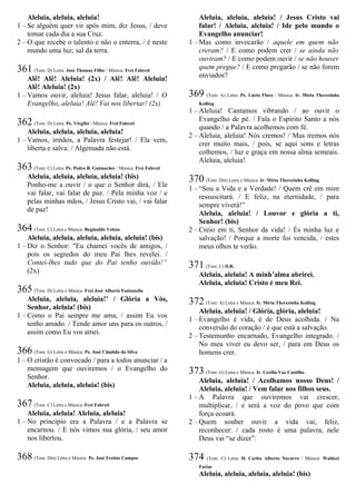 Aleluia, aleluia, aleluia!
1 – Se alguém quer vir após mim, diz Jesus, / deve
tomar cada dia a sua Cruz.
2 – O que recebe o talento e não o enterra, / é neste
mundo uma luz; sal da terra.
361 (Tom: D) Letra: José Thomaz Filho / Música: Frei Fabreti
Alê! Alê! Aleluia! (2x) / Alê! Alê! Aleluia!
Alê! Aleluia! (2x)
1 – Vamos ouvir, aleluia! Jesus falar, aleluia! / O
Evangelho, aleluia! Alê! Vai nos libertar! (2x)
362 (Tom: D) Letra: Pe. Virgílio / Música: Frei Fabreti
Aleluia, aleluia, aleluia, aleluia!
1 – Vamos, irmãos, a Palavra festejar! / Ela vem,
liberta e salva: / Algemada não está.
363 (Tom: C) Letra: Pe. Pedro B. Guimarães / Música: Frei Fabreti
Aleluia, aleluia, aleluia, aleluia! (bis)
Ponho-me a ouvir / o que o Senhor dirá, / Ele
vai falar, vai falar de paz. / Pela minha voz / e
pelas minhas mãos, / Jesus Cristo vai, / vai falar
de paz!
364 (Tom: C) Letra e Música: Reginaldo Veloso
Aleluia, aleluia, aleluia, aleluia, aleluia! (bis)
1 – Diz o Senhor: "Eu chamei vocês de amigos, /
pois os segredos do meu Pai lhes revelei. /
Contei-lhes tudo que do Pai tenho ouvido!”
(2x)
365 (Tom: D) Letra e Música: Frei José Alberto Fontanella
Aleluia, aleluia, aleluia!’ / Glória a Vós,
Senhor, aleluia! (bis)
1 – Como o Pai sempre me ama, / assim Eu vos
tenho amado. / Tende amor uns para os outros, /
assim como Eu vos amei.
366 (Tom: G) Letra e Música: Pe. José Cândido da Silva
1 – O cristão é convocado / para a todos anunciar / a
mensagem que ouviremos / o Evangelho do
Senhor.
Aleluia, aleluia, aleluia! (bis)
367 (Tom: C) Letra e Música: Frei Fabreti
Aleluia, aleluia! Aleluia, aleluia!
1 – No princípio era a Palavra / e a Palavra se
encarnou. / E nós vimos sua glória, / seu amor
nos libertou.
368 (Tom: Dm) Letra e Música: Pe. José Freitas Campos
Aleluia, aleluia, aleluia! / Jesus Cristo vai
falar! / Aleluia, aleluia! / Ide pelo mundo o
Evangelho anunciar!
1 – Mas como invocarão / aquele em quem não
creram? / E como podem crer / se ainda não
ouviram? / E como podem ouvir / se não houver
quem pregue? / E como pregarão / se não forem
enviados?
369 (Tom: A) Letra: Pe. Lúcio Floro / Música: Ir. Míria Therezinha
Kolling
1 – Aleluia! Cantamos vibrando / ao ouvir o
Evangelho de pé. / Fala o Espírito Santo a nós
quando / a Palavra acolhemos com fé.
2 – Aleluia, aleluia! Nós cremos! / Mas iremos nós
crer muito mais, / pois, se aqui sons e letras
colhemos, / luz e graça em nossa alma semeais.
Aleluia, aleluia!
370 (Tom: Dm) Letra e Música: Ir. Míria Therezinha Kolling
1 – “Sou a Vida e a Verdade! / Quem crê em mim
ressuscitará. / E feliz, na eternidade, / para
sempre viverá!”
Aleluia, aleluia! / Louvor e glória a ti,
Senhor! (bis)
2 – Creio em ti, Senhor da vida! / És minha luz e
salvação! / Porque a morte foi vencida, / estes
meus olhos te verão.
371 (Tom: C) D.R.
Aleluia, aleluia! A minh’alma abrirei.
Aleluia, aleluia! Cristo é meu Rei.
372 (Tom: A) Letra e Música: Ir. Míria Therezinha Kolling
Aleluia, aleluia! / Glória, glória, aleluia!
1 – Evangelho é vida, é de Deus acolhida. / Na
conversão do coração / é que está a salvação.
2 – Testemunho encarnado, Evangelho integrado. /
No meu viver eu devo ser, / para em Deus os
homens crer.
373 (Tom: G) Letra e Música: Ir. Cecília Vaz Castilho
Aleluia, aleluia! / Acolhamos nosso Deus! /
Aleluia, aleluia! / Vem falar nos filhos seus.
1 – A Palavra que ouviremos vai crescer,
multiplicar, / e será a voz do povo que com
força ecoará.
2 – Quem souber ouvir a vida vai, feliz,
reconhecer: / cada rosto é uma palavra, nele
Deus vai “se dizer”.
374 (Tom: C) Letra: D. Carlos Alberto Navarro / Música: Waldeci
Farias
Aleluia, aleluia, aleluia, aleluia! (bis)
 