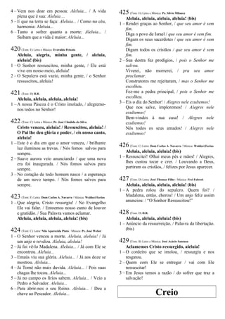 4 – Vem nos doar em pessoa: Aleluia... / A vida
plena que é sua: Aleluia ...
5 – E que na terra se faça: Aleluia... / Como no céu,
harmonia: Aleluia...
6 – Tanto o sofrer quanto a morte: Aleluia... /
Saibam que a vida é maior: Aleluia...
420 (Tom: E) Letra e Música: Everaldo Peixoto
Aleluia, alegria, minha gente, / aleluia,
aleluia! (bis)
1 – O Senhor ressuscitou, minha gente, / Ele está
vivo em nosso meio, aleluia!
2 – O Sepulcro está vazio, minha gente, / o Senhor
ressuscitou, aleluia!
421 (Tom: D) D.R.
Aleluia, aleluia, aleluia, aleluia!
1 – A nossa Páscoa é o Cristo imolado, / alegremo-
nos todos no Senhor!
422 (Tom: C) Letra e Música: Pe. José Cândido da Silva
Cristo venceu, aleluia! / Ressuscitou, aleluia! /
O Pai lhe deu glória e poder, / eis nosso canto,
aleluia!
1 – Este é o dia em que o amor venceu, / brilhante
luz iluminou as trevas. / Nós fomos salvos para
sempre.
2 – Suave aurora veio anunciando / que uma nova
era foi inaugurada. / Nós fomos salvos para
sempre.
3 – No coração de todo homem nasce / a esperança
de um novo tempo. / Nós fomos salvos para
sempre.
423 (Tom: F) Letra: Dom Carlos A. Navarro / Música: Waldeci Farias
1 – Que alegria, Cristo ressurgiu! / No Evangelho
Ele vai falar. / Entoemos nosso canto de louvor
e gratidão. / Sua Palavra vamos aclamar.
Aleluia, aleluia, aleluia, aleluia! (bis)
424 (Tom: C) Letra: Nilo Aparecida Pinto / Música: Pe. José Weber
1 – O Senhor venceu a morte. Aleluia, aleluia! / Já
um anjo o revelou. Aleluia, aleluia!
2 – Já foi vê-lo Madalena. Aleluia... / Já com Ele se
encontrou. Aleluia...
3 – Emaús viu sua glória. Aleluia... / Já aos doze se
mostrou. Aleluia...
4 – Já Tomé não mais duvida. Aleluia... / Pois suas
chagas lhe tocou. Aleluia...
5 – Já no campo os lírios sabem. Aleluia... / Veio a
Pedro o Salvador. Aleluia...
6 – Para abrir-nos o seu Reino. Aleluia... / Deu a
chave ao Pescador. Aleluia...
425 (Tom: G) Letra e Música: Pe. Sílvio Milanez
Aleluia, aleluia, aleluia, aleluia! (bis)
1 – Rendei graças ao Senhor, / que seu amor é sem
fim.
Diga o povo de Israel / que seu amor é sem fim.
Digam os seus sacerdotes / que seu amor é sem
fim.
Digam todos os cristãos / que seu amor é sem
fim.
2 – Sua destra fez prodígios, / pois o Senhor me
salvou.
Viverei, não morrerei, / pra seu amor
proclamar.
Construtores me rejeitaram, / mas o Senhor me
escolheu.
Fez-me a pedra principal, / pois o Senhor me
escolheu.
3 – Eis o dia do Senhor! / Alegres nele exultemos!
Que nos salve, imploremos! / Alegres nele
exultemos!
Bem-vindos à sua casa! / Alegres nele
exultemos!
Nós todos os seus amados! / Alegres nele
exultemos!
426 (Tom: C) Letra: Dom Carlos A. Navarro / Música: Waldeci Farias
Aleluia, aleluia, aleluia! (bis)
1 – Ressuscitei! Olhai meus pés e mãos! / Alegres,
lhes custou tocar e crer. / Louvando a Deus,
partiram os cristãos, / felizes por Jesus aparecer.
427 (Tom: D) Letra: José Thomaz Filho / Música: Frei Fabreti
Aleluia, aleluia, aleluia, aleluia! (bis)
1 – A pedra rolou do sepulcro. Quem foi? /
Madalena, então, chorou! / Um anjo feliz assim
anunciou: / “O Senhor Ressuscitou!”
428 (Tom: D) D.R.
Aleluia, aleluia, aleluia! (bis)
1 – Anúncio da ressurreição, / Palavra da libertação.
(bis)
429 (Tom: B) Letra e Música: José Acácio Santana
Aclamemos Cristo ressurgido, aleluia!
1 – O cordeiro que se imolou, / ressurgiu e nos
resgatou.
2 – Quem com Ele se entregar / vai com Ele
ressuscitar!
3 – Em Jesus temos a razão / do sofrer que traz a
salvação!
Creio
 