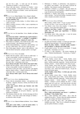 que nos traz o pão, / a noite que nos dá repouso,
/ofertamos ao Senhor / o louvor da criação.
2 – Nossa vida toda inteira / ofertamos ao Senhor / como
prova de amizade, / como prova de amor; / com o vinho,
com o pão / ofertamos ao Senhor / nossa vida toda inteira,
/ o louvor da criação.
454(Tom: G) Letra: Nelson Tolentino / Música: Osmar A. Bezutte
Eu venho trazer pra junto do altar / o que fui colher
no meu caminhar. (2x)
1 – A sede de amor de todos irmãos, / te oferto, Senhor, com
vinho e com pão.
2 – Oferto a criança, o jovem, o velho, / a paz, a esperança, na
luz do Evangelho.
3 – Eu trago, também, ao teu santo altar, / os passos de quem
te quer anunciar.
455 (Tom: Bm) Letra: Pe. Lúcio Floro / Música: Marília A. de Moura
Estêvão
Esta mesa nos ensina: / todo bem que a gente alcança, /
em comum devemos pôr: / o remédio e a medicina, /
pão e vinho e segurança, / alegria, fé e amor. (2x)
1 – Meu irmão eu vi plantar, / meu irmão nos fez o pão, / mas,
na hora do jantar, / não chamaram meu irmão!
2 – Minha irmã trabalhadora, / é operária e mãe também; / sai
de casa, o filho chora; / fica em casa, o pão não vem!
3 – Meu irmão pagou imposto / para a vida melhorar, / mas
não tem doutor nem posto, / porque é pobre o seu lugar!
456(Tom: E) Letra e Música: Pe. Zezinho
1 – Minha vida tem sentido / cada vez que eu venho aqui, / e
te faço o meu pedido / de não me esquecer de ti.
Meu amor é como este pão, / que era trigo / que alguém
plantou, depois colheu; / e depois tornou-se salvação, e
deu mais vida, / e alimentou o povo meu.
Eu te ofereço este pão! / Eu te ofereço meu amor! (bis)
2 – Minha vida tem sentido / cada vez que eu venho aqui, / e
te faço o meu pedido / de não me esquecer de ti.
Meu amor é como este vinho, / que era fruto / que alguém
plantou, depois colheu; / e depois encheu-se de carinho, /
e deu mais vida, / e saciou o povo meu.
Eu te ofereço vinho e pão! / Eu te ofereço meu amor!
(bis)
457(Tom: F) Letra e Música: João Bento de Souza
1 – Nossa vida de comunidade, Senhor, / nós queremos com
fé ofertar. / Alegrias, fracassos, vitórias, são frutos da vida
/ para o teu altar:
Aceita estas nossas ofertas que fazemos com todo
fervor. (bis)
2 – Ofertamos o duro trabalho, / o nosso esforço da vida
mudar. / Convivência de um povo fraterno, / que luta
unido para se libertar.
3 – Nós trazemos ofertas de vida, / de luta sem paga em favor
do irmão. / Com amor vamos tudo entregar ao Senhor, /
na oferta do vinho e do pão.
458 (Tom: G) Letra: Maria de Fátima de Oliveira / Música: Waldeci
Farias
Neste pão e neste vinho, / o suor de nossas mãos: / o
trabalho e a justiça / para todos os irmãos.
1 – Ofertamos, o’ Senhor, os sofrimentos / dos pequenos e
dos pobres, teus amados, / dos que lutam à procura de
trabalho, / das crianças e anciãos abandonados.
2 – Ofertamos a firmeza e a coragem / dos que lutam em
favor dos oprimidos, / dos famintos e sedentos de justiça /
e que são por tua causa perseguidos.
3 – Ofertamos, o’ Senhor, toda certeza / na vitória do amor
sobre o pecado. / Tua luz há de brilhar, vencendo a treva, /
sobre o mundo convertido e renovado.
459(Tom: G) Letra e Música: Zé Vicente
Meus irmãos, minhas irmãs! / O que eu posso ofertar? /
Se tudo é de Deus / o que eu posso lhe dar? (2x)
1 – Vou ofertar o meu viver, meu coração, / o carinho dos
amigos, / nosso amor feito canção! (bis)
O pouco com Deus é muito. / O muito sem Deus é
nada. (2x) / O pouco que repartimos / é fartura
abençoada! (2x)
2 – Vou ofertar, neste vinho, neste pão, / o suor de nossas
lutas, / nossa fé, nossa união! (bis)
460(Tom: F) Letra e Música: Frei Luiz Turra
1 – Os grãos que formam a espiga / se unem pra serem pão. /
Os homens que são Igreja / se unem pela oblação.
Diante do altar, Senhor, / entendo minha vocação: /
devo sacrificar / a vida por meu irmão. (bis)
2 – O grão caído na terra / só vive se vai morrer. / É dando
que recebe, / morrendo se vai viver.
3 – O vinho e o pão ofertamos, / são nossas respostas de
amor. / Pedimos humildemente: / “Aceita-nos, o’ Senhor”.
461(Tom: G) Letra e Música: Pe. Zezinho
1 – Aceita, Senhor, nossos dons. / Aceita, Senhor, nosso
pão. / Aceita, Senhor, nosso vinho. / Aceita, Senhor, nossa
gente / sofrida, oprimida, esquecida. / Aceita esta dor que
machuca demais. / Aceita também nossa fome de paz. /
Aceita, Senhor, nossa fome de amor. / Aceita, Senhor,
este humano calor / dos povos latinos que querem viver /
sem fome e sem medo num mundo de paz, / na paz da
justiça de homens iguais.
Aceita, Senhor, nosso Deus, / os dons que, por certo,
são teus! (bis)
2 – Aceita, Senhor, nossos dons. / Aceita, Senhor, nosso
pão. / Aceita, Senhor, nosso vinho. / Aceita, Senhor, nossa
gente / sofrida, oprimida, esquecida. / Aceita esta dor que
machuca demais. / Aceita, também, / nossos povos,
Senhor, / crianças e jovens sedentos de amor / e todos
aqueles sem voz e sem vez, / com fome de paz e de amor
e de pão, / que esperam os ventos da renovação, / à luz do
que disse Jesus, nosso irmão.
462(Tom: D) Letra e Música: Pe. José Weber
Pão e vinho apresentamos com louvor / e pedimos o
teu Reino! / Vem, Senhor! (bis)
1 – Pão e vinho repartidos entre irmãos / são o laço da
unidade de teu povo. / Nossas vidas são também pequenos
grãos / que contigo vão formar o homem novo.
2 – Eis aqui a nossa luta, dia a dia, / pra ganhar com o
trabalho nosso pão. / Mas Tu és o alimento da alegria, /
que dos pobres fortalece o coração.
 