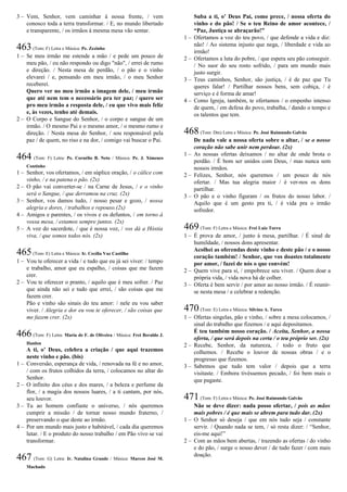 3 – Vem, Senhor, vem caminhar à nossa frente, / vem
conosco toda a terra transformar. / E, no mundo libertado
e transparente, / os irmãos à mesma mesa vão sentar.
463(Tom: F) Letra e Música: Pe. Zezinho
1 – Se meu irmão me estende a mão / e pede um pouco de
meu pão, / eu não respondo ou digo "não", / errei de rumo
e direção. / Nesta mesa de perdão, / o pão e o vinho
elevarei / e, pensando em meu irmão, / o meu Senhor
receberei.
Quero ver no meu irmão a imagem dele, / meu irmão
que até nem tem o necessário pra ter paz; / quero ser
pro meu irmão a resposta dele, / eu que vivo mais feliz
e, às vezes, tenho até demais.
2 – O Corpo e Sangue do Senhor, / o corpo e sangue de um
irmão. / O mesmo Pai e o mesmo amor, / o mesmo rumo e
direção. / Nesta mesa do Senhor, / sou responsável pela
paz / de quem, no riso e na dor, / comigo vai buscar o Pai.
464 (Tom: F) Letra: Pe. Cornélio B. Neto / Música: Pe. J. Ximenes
Coutinho
1 – Senhor, vos ofertamos, / em súplice oração, / o cálice com
vinho, / e na patena o pão. (2x)
2 – O pão vai converter-se / na Carne de Jesus, / e o vinho
será o Sangue, / que derramou na cruz. (2x)
3 – Senhor, vos damos tudo, / nosso pesar e gozo, / nossa
alegria e dores, / trabalhos e repouso.(2x)
4 – Amigos e parentes, / os vivos e os defuntos, / em torno à
vossa mesa, / estamos sempre juntos. (2x)
5 – A voz do sacerdote, / que é nossa voz, / vos dá a Hóstia
viva, / que somos todos nós. (2x)
465(Tom: E) Letra e Música: Ir. Cecília Vaz Castilho
1 – Vou te oferecer a vida / e tudo que eu já sei viver: / tempo
e trabalho, amor que eu espalho, / coisas que me fazem
crer.
2 – Vou te oferecer o pranto, / aquilo que é meu sofrer. / Paz
que ainda não sei e tudo que errei, / são coisas que me
fazem crer.
Pão e vinho são sinais do teu amor: / nele eu vou saber
viver. / Alegria e dor eu vou te oferecer, / são coisas que
me fazem crer. (2x)
466 (Tom: F) Letra: Maria de F. de Oliveira / Música: Frei Beraldo J.
Hanlon
A ti, o’ Deus, celebra a criação / que aqui trazemos
neste vinho e pão. (bis)
1 – Conversão, esperança de vida, / renovada na fé e no amor,
/ com os frutos colhidos da terra, / colocamos no altar do
Senhor.
2 – O infinito dos céus e dos mares, / a beleza e perfume da
flor, / a magia dos nossos luares, / a ti cantam, por nós,
seu louvor.
3 – Tu ao homem confiaste o universo, / nós queremos
cumprir a missão / de tornar nosso mundo fraterno, /
preservando o que deste ao irmão.
4 – Por um mundo mais justo e habitável, / cada dia queremos
lutar. / E o produto do nosso trabalho / em Pão vivo se vai
transformar.
467 (Tom: G) Letra: Ir. Natalina Grande / Música: Marcos José M.
Machado
Suba a ti, o’ Deus Pai, como prece, / nossa oferta do
vinho e do pão! / Se o teu Reino de amor acontece, /
“Paz, Justiça se abraçarão!”
1 – Ofertamos a voz do teu povo, / que defende a vida e diz:
não! / Ao sistema injusto que nega, / liberdade e vida ao
irmão!
2 – Ofertamos a luta do pobre, / que espera seu pão conseguir.
/ No suor do seu rosto sofrido, / para um mundo mais
justo surgir.
3 – Teus caminhos, Senhor, são justiça, / é de paz que Tu
queres falar! / Partilhar nossos bens, sem cobiça, / é
serviço e é forma de amar!
4 – Como Igreja, também, te ofertamos / o empenho intenso
de quem, / em defesa do povo, trabalha, / dando o tempo e
os talentos que tem.
468(Tom: Dm) Letra e Música: Pe. José Raimundo Galvão
De nada vale a nossa oferta sobre o altar, / se o nosso
coração não sabe unir nem perdoar. (2x)
1 – As nossas ofertas deixamos / no altar de onde brota o
perdão. / É bom ser unidos com Deus, / mas nunca sem
nossos irmãos.
2 – Felizes, Senhor, nós queremos / um pouco de nós
ofertar. / Mas tua alegria maior / é ver-nos os dons
partilhar.
3 – O pão e o vinho figuram / os frutos do nosso labor. /
Aquilo que é um gesto pra ti, / é vida pra o irmão
sofredor.
469(Tom: F) Letra e Música: Frei Luiz Turra
1 – É prova de amor, / junto à mesa, partilhar. / É sinal de
humildade, / nossos dons apresentar.
Acolhei as oferendas deste vinho e deste pão / e o nosso
coração também! / Senhor, que vos doastes totalmente
por amor, / fazei de nós o que convém!
2 – Quem vive para si, / empobrece seu viver. / Quem doar a
própria vida, / vida nova há de colher.
3 – Oferta é bem servir / por amor ao nosso irmão. / É reunir-
se nesta mesa / e celebrar a redenção.
470(Tom: E) Letra e Música: Silvino A. Turco
1 – Ofertas singelas, pão e vinho, / sobre a mesa colocamos, /
sinal do trabalho que fizemos / e aqui depositamos.
É teu também nosso coração. / Aceita, Senhor, a nossa
oferta, / que será depois na certa / o teu próprio ser. (2x)
2 – Recebe, Senhor, da natureza, / todo o fruto que
colhemos. / Recebe o louvor de nossas obras / e o
progresso que fizemos.
3 – Sabemos que tudo tem valor / depois que a terra
visitaste. / Embora tivéssemos pecado, / foi bem mais o
que pagaste.
471(Tom: F) Letra e Música: Pe. José Raimundo Galvão
Não se deve dizer: nada posso ofertar, / pois as mãos
mais pobres / é que mais se abrem para tudo dar. (2x)
1 – O Senhor só deseja / que em nós tudo seja / constante
servir. / Quando nada se tem, / só resta dizer: / “Senhor,
eis-me aqui!”
2 – Com as mãos bem abertas, / trazendo as ofertas / do vinho
e do pão, / surge o nosso dever / de tudo fazer / com mais
doação.
 
