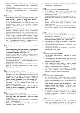 2 – Ofertamos o homem que espera / por nova era de vida em
plenitude. / E o que não tem quem ajude / a trocar morte
por ressurreição.
3 – Ofertamos a meta e a procura, / a luta dura entre o "velho"
e o "novo": / A noite escura do povo / e a madrugada de
ressurreição.
520(Tom: E) Letra e Música: Zé Vicente
Quem disse que não somos nada, / que não temos nada
para oferecer; / repare as nossas mãos abertas /
trazendo as ofertas do nosso viver. (2x)
1 – A fé do homem nordestino, / que busca um destino e um
pedaço de chão. / A luta do povo oprimido, / que abre
caminho e transforma a nação. / Ô, ô, ô, ô, recebe,
Senhor! (2x)
2 – Retalhos de nossa história, / bonitas vitórias que meu
povo tem. / Palmares, Caldeirão, Canudos, / são lutas de
ontem, de hoje também. / Ô, ô, ô, ô, recebe, Senhor! (2x)
3 – Aqui trazemos a semente, / sangue dessa gente que
fecunda o chão. / Do gringo e tantos lavradores, / santo e
operários em libertação. / Ô, ô, ô, ô, recebe, Senhor! (2x)
4 – Coragem de quem dá a vida / seja oferecida neste vinho e
pão. / É força que destrói a morte / e muda nossa sorte: é
ressurreição! / Ô, ô, ô, ô, recebe, Senhor! (2x)
521 (Tom: Em) Letra: Dom Carlos A. Navarro / Música: Waldeci
Farias
Os cristãos tinham tudo em comum, / dividiam seus
bens com alegria. / Deus espera que os dons de cada um
/ se repartam com amor no dia-a-dia. (2x)
1 – Deus criou este mundo para todos, / quem tem mais é
chamado a repartir / com os outros o pão, a instrução / e o
progresso: fazer o irmão sorrir.
2 – Mas, acima de alguém que tem riquezas, / está o homem
que cresce em seu valor, / e, liberto, caminha para Deus, /
repartindo com todos o amor.
3 – No desejo de sempre repartirmos / nossos bens, elevemos
nossa voz. / Ao trazer pão e vinho para o altar / em que
Deus vai se dar a todos nós.
522(Tom: Am) Letra e Música: Frei Fabreti
1 – Numa terra distante daqui, / um povo buscava sua
libertação. / Este povo era um povo de escravos / já sem
esperança no seu coração. / Deste povo surgiu um
profeta, / de sua vida ao Senhor fez oferta. / Ao ouvir a
Palavra de Deus, que é amor, / o seu povo libertou. (2x)
2 – Mas aqui, neste chão, nossa terra, / um povo sofrido eleva
suas mãos. / Fala alto, o Senhor por suas vozes / que
clamam justiça e libertação. /
Este povo também tem profeta, / de sua vida ao
Senhor faz oferta: / escutando a Palavra de Deus lhe
chamar, / quer seu povo libertar. (2x)
523(Tom: E) Letra e Música: Lindberg Pires
Sabes, Senhor, / o que temos é tão pouco pra dar. /
Mas este pouco nós queremos / com os irmãos
compartilhar.
1 – Queremos nesta hora, / diante dos irmãos, / comprometer
a vida, / buscando a união.
2 – Sabemos que é difícil / os bens compartilhar, / mas com a
tua graça, / Senhor, queremos dar.
3 – Olhando o teu exemplo, / Senhor, vamos seguir, / fazendo
o bem a todos, / sem nada exigir.
524(Tom: C) Letra e Música: Pe. José Cândido da Silva
1 – Eu te ofereço o meu viver, / o meu agir, meu
pensamento. / A minha força, minha fraqueza, / eu fui
chamado para a doação.
Neste ofertório, renovarei / o meu desejo de servir. /
Mesmo sabendo que nada sou, / eis-me, Senhor, aqui
estou!
2 – Quem me seguir terá que sofrer, / tomar a cruz e ser
pregado. / A cruz sem ti, quem vai suportar? / Porém
contigo não é nada.
3 – Minha alegria é ser presença, / é ser sinal de esperança. /
Farei da vida a oblação, / que tu fizeste ao Pai de todos
nós.
525(Tom: C) Letra e Música: José Acácio Santana
1 – Toda semente é um anseio de frutificar, / e todo fruto é
uma forma de a gente se dar.
Põe a semente na terra, / não será em vão. / Não te
preocupe a colheita, / plantas para o irmão. (bis)
2 – Toda palavra é um anseio de comunicar, / e toda fala é
uma forma de a gente se dar.
3 – Todo tijolo é um anseio de edificar, / e toda obra é uma
forma de a gente se dar.
4 – Todo poema é um anseio de se expressar, / e todo canto é
uma forma de a gente se dar.
526(Tom: D) Letra e Música: Zé Vicente
Com as mãos abertas, estou / trazendo as ofertas,
Senhor! (bis)
1 – Trazendo nas mãos os calos da enxada, / vida marcada de
lavrador. / Os frutos e o canto quase lamento / neste
momento te entrego, Senhor.
2 – Oferta pequena de pouco salário, / luta de operário
trazemos também. / Todo sacrifício das mãos que
suaram / e este pão assaram para o nosso bem.
3 – Tudo é teu, Senhor, nós somos teu povo, / neste gesto
novo, vamos celebrar / nosso compromisso, nossa
esperança, / na eterna aliança pra nos libertar.
527(Tom: F) Letra e Música: Frei Fabreti
1 – A ti, meu Deus, elevo o meu coração, / elevo as minhas
mãos, / meu olhar, minha voz. / A ti, meu Deus, eu quero
oferecer / meus passos e meu viver, / meus caminhos, meu
sofrer.
A tua ternura, Senhor, vem me abraçar / e a tua
bondade infinita, me perdoar. / Vou ser o teu
seguidor / e te dar o meu coração. / Eu quero sentir o
calor de tuas mãos.
2 – A ti, meu Deus, que és bom e que tens amor, / ao pobre e
ao sofredor, / vou servir e esperar. / Em ti, Senhor,
humildes se alegrarão, / cantando a nova canção de
esperança e de paz.
528(Tom: D) Letra e Música: José Acácio Santana
1 – Cada vez que eu venho para te falar, / na verdade eu
venho para te escutar. / Fala-me da Vida, preciso te
escutar! / Fala da Verdade que vai me libertar! (2x)
 