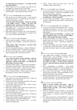 te encontramos na tua Palavra / e na fração do Pão
que vamos celebrar.
2 – Vinde, irmãos, uni a voz ao coração / pra cantar com fé,
para agradecer / quanta coisa fez o nosso Deus.
3 – Caminhar, andar, correr sem descansar; / nossa vida é um
deserto infindo, / vamos sempre em busca do amor.
47(Tom: F) Letra: José Thomaz Filho / Música: Frei Fabreti
1 – Sabe quanto custa um filho seu partir, / certo que uma
herança poupará suor? / O silêncio diz que vai se ferir. /
Ao cair em si, nada ao seu redor.
Vamos preparar tudo sem igual, / tragam do rebanho
o que melhor cresceu: / roupas e um anel, nem
perguntem qual, / que hoje esse meu filho renasceu.
2 – Sabe quanto custa ter um filho seu / longe, sem notícia,
descuidado assim? / A esperança diz que não se perdeu: /
logo voltará, tenho bem pra mim!
3 – Sabe quanto custa ter um filho ao léu, / fome, desconsolo,
triste, sem ninguém? / Coração me diz: vai sentir-se um
réu, / mas se levantar saberá também!
48 (Tom: E) Letra e Música: José Acácio Santana
1 – Senhor, atendei os pedidos. / Senhor, escutai nossa voz, /
pois sempre serão atendidos / aqueles que esperam em
Vós.
Vinde, Senhor, visitar vosso povo: / em Jesus Cristo
recriá-lo de novo. (bis)
2 – Vós sois nossa grande esperança, / certeza de libertação. /
Mandai vosso Filho criança / ao mundo trazer salvação.
3 – Do céu vai jorrar água viva, / que faz o deserto florir / e
quem esta graça cultiva / feliz haverá de sorrir.
49(Tom: D) Letra e Música: Frei Fabreti
Javé, o Deus dos pobres, do povo sofredor, / aqui nos
reuniu pra cantar o seu louvor. / Pra nos dar
esperança / e contar com sua mão, / na construção do
Reino, Reino novo, povo irmão.
1 – Sua mão sustenta o pobre, / ninguém fica ao desabrigo. /
Dá sustento a quem tem fome / com a fina flor do trigo.
2 – Alimenta os nossos sonhos, / mesmo dentro da prisão; /
ouve o grito do oprimido, / que lhe toca o coração.
3 – Cura os corações feridos, / mostra ao pobre seu poder. /
Dos pequenos a defesa: / deixa a vida florescer.
50(Tom: F) Letra e Música: Frei Domingos dos Santos
1 – Estes lábios meus vinde abrir, Senhor! (bis) / Cante esta
minha boca o vosso louvor! (bis)
2 – Vinde, um canto novo ao Senhor cantai! (bis) / Seu nome,
o’ terra inteira, vinde, celebrai! (bis)
3 – Dia após dia cantai sua vitória! (bis) / Entre os povos
todos cantai sua glória! (bis)
4 – Nada são os grandes, tudo é ilusão! (bis) / Quem fez os
céus merece nossa louvação! (bis)
5 – Em seu Santuário só se vê beleza! (bis) / Trazei-lhe as
ofertas de nossa pobreza! (bis)
6 – Céus e terra cantam de tanta alegria! (bis) / A Deus que
hoje nos deu este novo dia! (bis)
7 – Glória ao Pai, ao Filho e ao Santo Espírito! (bis) / Glória à
Trindade Santa, Glória ao Deus bendito! (bis)
8 – Vinde, adoremos, Cristo ressurgiu! (bis) / A criação
inteira, Ele redimiu! (bis)
9 – Aleluia, irmãos, vinde com fervor! (bis) / Povo de
sacerdotes, a Deus o louvor! (bis)
51 (Tom: F) Letra: Pe Virgílio / Música: Frei Fabreti
1 – É o amor de Cristo que me faz cantar. / É o amor do irmão
que me faz caminhar. / A Boa Nova da liberdade / nestas
mãos eu trago pra quem sabe amar.
Creio que amor triunfará! / Logo justiça voltará! / E
da velha terra, / vida nova nascerá!
2 – É a fé em Cristo a me confortar. / Força no sofrer e luz a
me guiar. / Pela poeira da longa estrada, / a esperança levo
da ressurreição.
52 (Tom: F) Letra: José Thomaz Filho / Música: Frei Fabreti
1 – Te louvo, meu Senhor, pois olhaste para mim. / Caídos e
humilhados têm sempre o teu favor. / Se eu não tinha
nada, bastou-me dizer sim: / és o meu socorro, meu Deus,
meu Salvador.
Teu amor sempre faz maravilhas: / a quem se faz
menor estende tua mão; / és a luz dos teus filhos e
filhas, / vigor de quem não fecha o coração!
2 – Te louvo, meu Senhor, o teu nome é sem igual, / fizeste
grandes coisas em mim que nada sou. / O teu nome é
santo, superas todo o mal / e onde houver bondade tua
mão já transbordou.
3 – Te louvo, meu Senhor, pois assim é teu poder: / dispersa
os prepotentes, acolhe quem sofreu, / fere os poderosos,
mas nutre e faz crescer / quem se reconhece pequeno filho
teu.
53(Tom: G) Letra e Música: Pe. Lucas de Paula Almeida
1 – Jesus sempre estava a caminhar / com amor a visitar as
aldeias do país, / a pé, sem dinheiro a carregar, / sem ter
casa pra morar, na pobreza mui feliz.
As multidões acorriam ao Pastor / para ouvir a sua voz
que falava do amor. / O bom Pastor procurava
socorrer / quem não tinha lar nem pão, nem saúde pra
viver.
2 – Jesus, contemplando as multidões, / sente grande
compaixão pelo seu abatimento. / Está já cansado em sua
dor, / são ovelhas sem pastor, / vivem só de sofrimento.
3 – Jesus, vendo o povo, diz assim: / "A seara não tem fim,
mas são poucos pra ceifar. / Pedi meus discípulos ao Pai, /
operários enviai para a messe cultivar."
4 – Senhor, muitas graças eu te dou: / sou semente que brotou
do clamor do povo teu. / Em mim põe agora aquele amor /
de Jesus o bom Pastor, / que por nós na cruz se deu.
54 (Tom: Am) Letra e Música: Pe. José Weber
Reúne o teu povo, Senhor nosso Deus; / reúne os
eleitos de toda a terra, / para viver na união do
Espírito Santo, teu dom, / para louvar, bendizer e
cantar teu amor. (2x)
1 – Exorto-vos, irmãos, em nome do Senhor, / que não haja
entre vós discórdia e divisão! / Ficai sempre unidos no
mesmo parecer, / na mesma fé comum, no Espírito de
Cristo!
2 – Nós temos dons diversos, carismas diferentes; / mas um
só e mesmo Espírito atua em todos nós, / levando à
unidade, para na caridade edificar / o Corpo de Cristo que
nós somos.
 