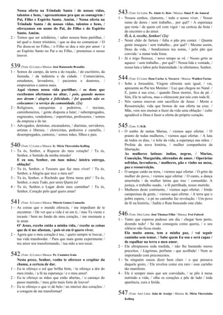 Nossa oferta na Trindade Santa / de nossas vidas,
talentos e bens, / apresentemos pra que as consagrem /
Pai, Filho e Espírito Santo. Amém. / Nossa oferta na
Trindade Santa / de nossas vidas, talentos e bens, /
ofereçamos em nome do Pai, do Filho e do Espírito
Santo. Amém.
2 – Temos que ser solidários, / saber nossos bens partilhar, /
tal qual o Amor trinitário, / que se doa no comunicar. / O
Pai doou-se no Filho, / o Filho se deu a nós por amor / e
ao Espírito Santo no Pai e no Filho, / prestemos o nosso
louvor.
539(Tom: G) Letra e Música: José Raimundo Brandão
1 – Somos do campo, da terra e do roçado, / do escritório, da
fazenda, / da indústria e da cidade. / Comerciários,
estudantes, lavradores, / pacientes e doutores, /
empresários e outros mais.
Aqui viemos nossa vida partilhar, / os dons que
recebemos ofertamos no altar, / pois, quando menos
nos deram / alegria e felicidade, / foi quando não os
colocamos / a serviço da comunidade. (2x)
2 – Religiosos, catequistas e pedreiros, / taxistas,
caminhoneiros, / gente disposta a lutar; / subempregados,
engraxates, vendedores, / esportistas, professores, / somos
da empresa e do lar.
3 – Advogados, dentistas, encanadores, / diaristas, servidores,
artistas e liberais; / eletricistas, pedreiros e camelôs, /
desempregados, cantores, / somos mães, filhos e pais.
540(Tom: C) Letra e Música: Ir. Míria Therezinha Kolling
1 – Tu és, Senhor, a Riqueza do meu coração! / Tu és,
Senhor, o Sentido da minha missão!
E eu sou, Senhor, em tuas mãos,/ inteira entrega,
oblação!
2 – Tu és, Senhor, o Tesouro que faz meu viver! / Tu és,
Senhor, a Alegria que tece o meu ser!
3 – Tu és, Senhor, o Rochedo que firma meus pés! / Tu és,
Senhor, o meu Tudo, por seres Quem és!
4 – Tu és, Senhor, o Lugar deste meu caminhar! / Tu és,
Senhor, Coração pelo qual quero amar!
541(Tom: A) Letra e Música: Márcio Gomes Camacho
1 – As coisas que o mundo oferecia, / me impediam de te
encontrar. / De ver que a vida é só em ti, / mas Tu vieste e
tocaste / bem no fundo do meu coração, / me ensinaste a
te amar.
O’ Jesus, recebe então a minha vida, / recebe as coisas
que de ti me afastam, / pois só em ti quero viver.
2 – Agora que o meu coração é teu, / quero sempre te louvar, /
tua vida transbordar. / Para que mais gente experimente /
teu amor nos transformando, / tua mão a nos tocar.
542(Tom: A) Letra e Música: Pe. Casimiro Irala
Nesta prece, Senhor, venho te oferecer o crepitar da
chama, a certeza de dar.
1 – Eu te ofereço o sol que brilha forte, / te ofereço a dor do
meu irmão, / a fé na esperança / e o meu amor!
2 – Eu te ofereço as mãos que estão abertas, / o cansaço do
passo mantido, / meu grito mais forte de louvor!
3 – Eu te ofereço o que vi de belo / no interior dos corações: /
a coragem de me transformar!
543(Tom: G) Letra: Pe. Almir G. Reis / Música: Simei P. do Amaral
1 – Nossos sonhos, clamores, / todo o nosso viver. / Nosso
rumo de dores / sem trabalho... por quê? / A esperança
que resta / de quem crê com vigor / na certeza da festa /
do encontro e do amor.
Ô, ô, ô, recebe, Senhor! (2x)
2 – Neste chão de fartura / falta o pão pra comer. / Quanta
gente insegura / sem trabalho... por quê? / Mesmo assim,
Deus da vida, / bendizemos teu nome, / pelo pão que
convida / a matar toda fome.
3 – Já o trigo floresce, / novo tempo se vê. / Nosso grito se
aquece: / sem trabalho... por quê? / Nossa lida e vontade, /
nossa luta e labor pela fraternidade / te ofertamos, Senhor.
544(Tom: E) Letra: Dom Carlos A. Navarro / Música: Waldeci Farias
1 – Sobe a Jerusalém, Virgem oferente sem igual; / vai,
apresenta ao Pai teu Menino: / Luz que chegou no Natal. /
E, junto à sua cruz, / quando Deus morrer, fica de pé. /
Sim, Ele te salvou, mas o ofereceste por nós com toda fé.
2 – Nós vamos renovar este sacrifício de Jesus: / Morte e
Ressurreição; vida que brotou de sua oferta na cruz. /
Mãe, vem nos ensinar a fazer da vida uma oblação: / culto
agradável a Deus é fazer a oferta do próprio coração.
545(Tom: F) D.R.
1 – O sonho de tantas Marias, / viemos aqui ofertar. / O
pranto de todas mulheres, / viemos aqui ofertar. / A luta
de todos os dias, / o leite da vida, a esperança nas mãos. /
Profeta da nova história, / mulher companheira da
libertação.
As mulheres latinas: índias, negras, / Marias,
Conceição, Margarida, oferendas de amor. / Operárias
sofridas, lavradoras, / mulheres, pão e vinho na mesa,
paz e ressurreição.
2 – O sangue caído na terra, / viemos aqui ofertar. / O grito da
mulher do povo, / viemos aqui ofertar. / O canto, a dança
ameríndia / da mulher latina que traz / comunhão. A
justiça, o trabalho suado, / a fé partilhada, nosso mutirão.
3 – Mulheres deste continente, / viemos aqui ofertar. / Irmãs
campesinas da gente, / viemos aqui ofertar. / A terra que o
pobre espera, / o pé no caminho faz revolução. / Um povo
de fé na história, / Judite e Rute buscando este chão.
546(Tom: Dm) Letra: José Thomaz Filho / Música: Frei Fabreti
1 – Tanto que esperou pudesse um dia / chegar bem perto,
dizendo tudo! / Se não conseguiu como queria, / o seu
silêncio não ficou mudo.
Ela muito amou, tem a minha paz, / vai seguir
caminho sem temor. / Sabe quem Eu sou e será capaz /
de espalhar na terra o meu amor.
2 – Ela ultrapassou toda medida, / não lhe bastando meros
preceitos. / Lágrimas, perfume - que acolhida! / Nem se
importando com preconceitos.
3 – Se ninguém ousou dizer bem claro / o que pensava
daquele gesto, / Ele revelou como era raro / esse carinho
tão manifesto.
4 – Ele é sempre mais que um convidado, / se põe à mesa
nutrindo a vida; / olha os corações e põe de lado / toda
aparência, cura a ferida.
547 (Tom: Am) Letra: João de Araújo / Música: Ir. Míria Therezinha
Kolling
 