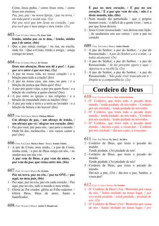 Como Jesus pediu, / como Jesus orou, / como
Jesus nos ensinou.
Paz, paz, paz / na nossa Igreja, / paz na terra, /
em toda parte e assim seja. (2x)
Paz pra você que tem Jesus no coração, / paz
pra você que é meu amigo e meu irmão. (2x)
603 (Tom: F) Letra e Música: Pe. Jonas Abib
Irmão, minha paz eu te dou, / irmão, minha
paz é de amor. (bis)
1 – Que a paz esteja contigo / na rua, na escola,
onde for. / Que o Cristo, irmão e amigo, / esteja
contigo no amor.
604 (Tom: G) Letra e Música: Zé Vicente
Deus nos abençoe, Deus nos dê a paz! / A paz
que só o amor é que nos traz. (2x)
1 – A paz na nossa vida, no nosso coração / e a
bênção para toda a criação! (bis)
2 – A paz na nossa casa, nas ruas, no país / e a
bênção da justiça que Deus quis! (bis)
3 – A paz pra quem viaja, a paz pra quem ficou / e a
bênção do conforto a quem chorou! (bis)
4 – A paz entre as igrejas e nas religiões / e a
bênção da irmandade entre as nações! (bis)
5 – A paz pra toda a terra e a terra ao lavrador / e a
bênção da fartura e do louvor! (bis)
605 (Tom: Em) Letra e Música: Eliomar Ribeiro
Um abraço de paz, / um abraço de irmão, /
um abraço que vá / alegrar seu coração. (bis)
1 – Paz pra você, paz para nós, / paz para o mundo. /
Onde há dor, melancolia, / nós vamos cantar a
paz! (bis)
606 (Tom: Em) Letra: Maria e Dulce / Música: Irmãos Toledo
1 – A paz de Cristo, meu irmão, / a paz de Cristo,
minha irmã, / a paz de Deus esteja em nós, / ao
saudar-nos em alta voz.
A paz vem de Deus, a paz vem do amor, / a
paz vem da paz, que reina entre nós. (bis)
607 (Tom: G) Letra e Música: Pe. Zezinho
Paz na terra, paz no céu, / paz na ONU, / paz
aqui, no meu país. (bis)
1 – Paz aqui, paz no céu, paz em cada coração. / Paz
aqui, paz no céu, todo o mundo é meu irmão.
2 – Glória ao Pai criador, glória ao Filho redentor. /
Glória Deus, Deus de amor, Santo e
Santificador.
608 (Tom: D) Letra e Música: Adelar Z. Bongiovani
É paz no meu coração. / É paz no seu
coração. / É a paz que vem do céu, / não é a
deste mundo, não. (bis)
1 – Num mundo tão perturbado / que o próprio
homem criou, / é difícil de a gente viver, / sem a
paz que Jesus deixou.
2 – Jesus Cristo ressuscitado / nos deixou esta lição:
/ de saudarmos uns aos outros / com a paz no
coração.
609 (Tom: Em) Letra e Música: Anders Ruuth
1 – A paz do Senhor, a paz do Senhor, / a paz do
Ressuscitado. / A paz do Senhor a ti e a mim, / a
todos alcançará. (2x)
2 – A paz do Senhor, a paz do Senhor, / a paz do
Ressuscitado. / Se faz presente agora e aqui. /
Apressa-te a recebê-la. (2x)
3 – A paz do Senhor, a paz do Senhor, / a paz do
Ressuscitado. / Não pode viver trancada em ti. /
Dispõe-te a compartilhá-la. (2x)
Cordeiro de Deus
610 (Tom: E) Letra e Música: José Acácio Santana
1 – O’ Cordeiro, que tirais todo o pecado deste
mundo, / tende piedade de nós todos. / Cordeiro
por nós imolado, / tende piedade de nós todos.
2 – O’ Cordeiro, que tirais todo o pecado deste
mundo, / tende piedade de nós todos. / Cordeiro
por nós imolado, / tende piedade de nós todos.
3 – O’ Cordeiro, que tirais todo o pecado deste
mundo, / dai-nos a paz, a vossa paz. / Cordeiro
por nós imolado, / dai-nos a paz, a vossa paz.
611 (Tom: Em) Música: Pe. José C. da Silva
1 – Cordeiro de Deus, que tirais o pecado do
mundo.
Tende piedade, (3x) piedade de nós!
2 – Cordeiro de Deus, que tirais o pecado do
mundo.
Tende piedade, (3x) piedade de nós!
3 – Cordeiro de Deus, que tirais o pecado do
mundo.
Dai-nos a paz, (2x) / dai-nos a paz, Senhor, a
vossa paz!
612 (Tom: F) Letra e Música: Pe. Zezinho
1 – O’ Cordeiro de Deus! (3x) / Morrestes por causa
de nós, / fostes imolado no nosso lugar, / por
isso tende piedade, / tende piedade, / piedade de
nós. (2x)
2 – O’ Cordeiro de Deus! (3x) / Morrestes por causa
de nós / fostes imolado no nosso lugar, / por
 