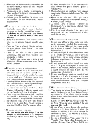 4 – Tão fracos, em ti somos fortes, / vencendo o mal
e a morte! / Em ti, o repouso e a sorte / de quem
se alimenta da fé!
5 – Assim como o pai de família / os dons entre os
filhos partilha, / Tu fazes por nós maravilhas. / É
eterno e fiel teu amor!
6 – Feliz de quem foi convidado / e, atento, ouviu
teu chamado! / Na terra será saciado / e à mesa
do céu sentará!
646 (Tom: A) Letra e Música: Ir. Míria Therezinha Kolling
1 – Exultando, vamos todos / à mesa do Senhor, /
que reúne sua família, / para celebrar o amor.
É o Pai que nos convida / para a ceia do amor
/ e nos dá seu próprio Filho, Cristo, nosso
Salvador.
2 – Todos nos alimentamos / deste Pão que vem do
céu, / Ele vai ser nossa força no caminho para o
Pai.
3 – Quem de Cristo se alimenta / jamais vacilará, /
os seus passos serão firmes, / no amor
caminhará.
4 – Cristo a nós hoje se une / pela santa
Comunhão, / para que depois vivamos / esse
amor entre os irmãos.
5 – O’ Senhor, que nossa vida / com a vida
alimentais, / dai-nos sempre vossa graça, / vosso
amor e vossa paz.
647 (Tom: Dm) Letra e Música: Pe. José Raimundo Galvão
Eis o Pão da Vida, eis o Pão dos céus, / que
alimenta o homem, em marcha para Deus.
1 – Um grande convite o Senhor nos fez / e a Igreja
o repete a toda vez. / Feliz quem ouve e alegre
vem / trazendo consigo o amor que tem.
2 – Um dia por nós o Senhor se deu, / do sangue da
cruz o amor nasceu. / E ainda hoje Ele dá vigor /
aos pobres, aos fracos, ao pecador.
3 – Há várias maneiras de o receber, / efeitos
diversos pode conter. / Não nos suceda comer
em vão / aquilo que é fonte de salvação.
4 – Quem come este pão sempre viverá, / pois Deus
nos convida a ressuscitar. / Oh! vinde todos,
comei também / o pão que encerra o sumo bem.
5 – Se o homem deseja viver feliz, / não deixe de
ouvir o que a Igreja diz: / Procure sempre se
aproximar / do Deus feito Pão para nos salvar.
648 (Tom: Bm) Letra e Música: Pe. José Weber
Eis meu Corpo por vós doado, / eis meu
Sangue por vós derramado. / É o sangue da
nova aliança, / fonte viva de eterna esperança.
(2x)
1 – Eu sou o novo pão vivo, / o pão que desce dos
céus! / Quem deste pão se alimenta / possui a
vida de Deus.
2 – Quem crê em mim não tem fome, / nem sede em
seu coração. / Em mim terá plenitude, / luz, vida
e salvação.
3 – Quem crê em mim tem a vida / por toda a
eternidade! / O pão que Eu dou sou Eu mesmo, /
Caminho, Vida e Verdade.
4 – A minha Carne é comida, / penhor da
Ressurreição. / E o meu Sangue é bebida / das
fontes da salvação.
5 – Este é o novo alimento / do povo que
congreguei, / pra viver o mandamento / de amar
como Eu vos amei.
649 (Tom: C) Letra e Música: Ir. Cecília Vaz Castilho
1 – Eu vim para celebrar a vida e cantar bem junto
de ti. / o que estou vivendo é Deus acontecendo,
é gesto de amor. / O tempo faz crescer o tudo
que eu viver é só esperar! / Eu vim pra celebrar
bem junto de ti.
2 – Eu vim para alegrar. É tempo de ficar bem junto
de ti. / E todos aproveitem, de amor se enfeitem
pra ser feliz. / Eu vou cantar somente amor pra
toda gente se encontrar. / Com todos vou ficar
bem junto de ti.
3 – Eu vim pra descobrir o céu e repartir bem junto
de ti. / Do povo eu faço parte e venho aqui
buscar-te pra construir. / O amor já nos chamou
e a gente se lançou em busca da paz. / Eu vim
aqui, pois ela está junto a ti.
4 – Eu vim para abraçar a todos que encontrar bem
junto de ti. / O céu já começou, e com um
sorriso eu vou lutar pra viver. / É Deus a minha
festa, e quero todos nesta dança feliz. / Eu quero
sempre todos juntos de ti!
650 (Tom: C) Letra e Música: Casimiro Vidal Nogueira
1 – Todo aquele que comer do meu Corpo, que é
doado, / todo aquele que beber do meu Sangue
derramado / e crê nas minhas palavras que são
plenas de vida, / nunca mais sentirá fome e nem
sede em sua lida.
Eis que sou o Pão da Vida, / eis que sou o Pão
do Céu. / Faço-me vossa comida, / Eu sou
mais que leite e mel.
2 – O meu Corpo e meu Sangue são sublimes
alimentos, / do fraco indigente é vigor, do
faminto é o sustento. / Do aflito é consolo, do
enfermo é a unção, / do pequeno e excluído,
rocha viva e proteção.
3 – Eu sou o Caminho, a Vida, Água viva e a
Verdade. / Sou a Paz e a Luz do mundo, sou a
própria Liberdade. / Sou a Palavra do Pai, que
 