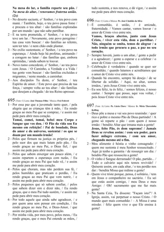 Na mesa do lar, a família reparte seu pão. /
Na mesa do altar, / renovamos fraterna união.
(2x)
1 – No deserto saciaste, o’ Senhor, / o teu povo com
maná. / Também, hoje, o teu povo passa fome /
e procura o teu altar: / são famílias exploradas
por um mundo / que não sabe partilhar.
2 – E na terra prometida, o’ Senhor, / o teu povo
teve um lar. / Novamente, este povo peregrino /
tua casa vem buscar: / são famílias ao relento,
sem ter teto / e nem chão onde plantar.
3 – No exílio sustentaste, o’ Senhor, / o teu povo na
esperança. / Ainda hoje há profetas, animando /
a coragem no lutar: / das famílias que, embora
oprimidas, / ainda sabem te louvar.
4 – Novo rumo concedeste, o’ Senhor, / ao teu povo
com Jesus. / O Caminho, a Verdade e a Vida /
tua gente vem buscar: / são famílias excluídas e
migrantes, / neste mundo, a caminhar.
5 – Aos discípulos Tu deste, o’ Senhor, / teu
Espírito de amor. / Este povo que precisa de tua
força, / sempre volta ao teu altar: / são famílias
que desejam a chegada / do teu Reino apressar.
695 (Tom: C) Letra: José Thomaz Filho / Música: Frei Fabreti
1 – Por essa paz que a juventude tanto quer, / pela
alegria que as crianças têm à mão, / Eu rendo
graças ao meu Pai que se compraz, / e assim me
pede para abrir meu coração.
Tomai, comei, tomai, bebei meu Corpo e
Sangue que vos dou. / O Pão da vida sou Eu
mesmo em refeição! / Pai de bondade, Deus
do amor e do universo, sustentai / os que se
doam por um mundo irmão!
2 – Pelos que firmam na justiça os próprios pés, /
pelo suor dos que mais lutam pelo pão, / Eu
rendo graças ao meu Pai, o Deus fiel, / que
assim me pede para abrir meu coração.
3 – Pelos que sabem enxergar um pouco além, / e
assim repartem a esperança com razão, / Eu
rendo graças ao meu Pai que tudo vê, / e assim
me pede para abrir meu coração.
4 – Pelos que choram, mas não perdem sua fé, /
pelos humildes que praticam o perdão, / Eu
rendo graças ao meu Pai que vem nutrir, / e
assim me pede para abrir meu coração.
5 – Pelos pequenos que só sabem confiar, / pelos
que sabem dizer sim e dizer não, / Eu rendo
graças, que o meu Pai tudo sustém, / e assim me
pede para abrir meu coração.
6 – Por todo aquele que ainda sabe agradecer, / e
por quem ama sem pensar em condição, / Eu
rendo graças ao meu Pai, o Deus-Amor, / que
assim me pede para abrir meu coração.
7 – Por minha vida, por meu povo, pelos meus, / Eu
rendo graças, que o meu Pai estende as mãos, /
tudo sustenta, e nos renova, e dá vigor, / e assim
me pede para abrir meu coração.
696 (Tom: C) Letra e Música: Pe. José Cândido da Silva
1 – É comunhão, é união, / é amizade,
fraternidade. / Vamos cantar, vamos louvar / o
amor de Cristo vivo entre nós.
Vamos, braços abertos, junto com Jesus
Cristo, / viver esta vida, dom a partilhar. /
Não, ninguém se omita, temos de alegrar / a
todo irmão que procura a paz, a paz no seu
coração.
2 – Sempre haverá, junto a um altar, / gente a pedir
e a agradecer; / gente a esperar e a celebrar / o
amor de Cristo vivo entre nós.
3 – Celebração é verdadeira / quando se quer ser
comunhão; / quando lutamos e acreditamos que
o amor de Cristo vive entre nós.
4 – Quando há encontro, sempre há desejo / de se
libertar da solidão. / Aqui, no altar, somos
irmãos, / pois Jesus Cristo vive entre nós.
5 – Eu sou feliz, tu és feliz, / somos felizes, é nosso
cantar. / Sempre que posso, aqui vou voltar, /
pois Jesus Cristo vive entre nós.
697 (Tom: A) Letra: Pe. Lúcio Floro / Música: Ir. Míria Therezinha
Kolling
1 – Deus põe a mesa e vai seu povo reunindo: / quer
rico e pobre o mesmo Pão de Deus partindo! / A
gente só reparte o pão / com quem é nosso
irmão: / bendito Altar que irmana mais a gente!
Jesus, feito Pão, és dom supremo! / Jamais
Deus se revelou assim: / com seu poder, para
fazer milagre extremo, / com seu amor,
chegando mesmo até o fim.
2 – Meu alimento é hóstia e vinho consagrado: /
quem me sustenta é meu Senhor ressuscitado. /
Aqui já tenho a garantia / de ressurgir um dia: /
bendito Pão que ressuscita a gente!
3 – O vinho é Sangue derramado! O pão, partido... /
Todo o calvário aqui nós temos revivido! /
Quiseste assim, em cada altar, / o teu perdão nos
dar: / bendita Missa que redime a gente!
4 – Quem vive triste porque, pensa, é solitário, / tem
em Jesus o companheiro no sacrário. / Eu sei
que estás assim comigo, / meu Deus e meu
Amigo: / Oh! sacramento que me faz mais
gente!
5 – Na Santa Ceia, Tu disseste: "Façam isto!"/ A
Igreja, assim, vai perpetuar o nosso Cristo. / O
mundo quer mais comunhão / – A Missa é uma
missão: / feliz quem vive o que Ele ensina à
gente!
 