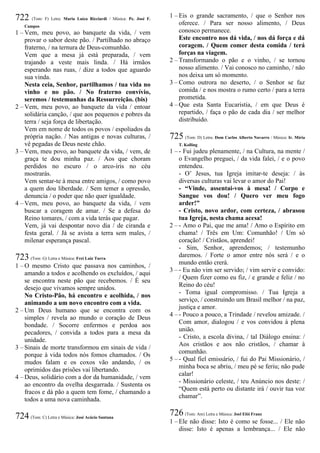 722 (Tom: F) Letra: Maria Luíza Ricciardi / Música: Pe. José F.
Campos
1 – Vem, meu povo, ao banquete da vida, / vem
provar o sabor deste pão. / Partilhado no abraço
fraterno, / na ternura de Deus-comunhão.
Vem que a mesa já está preparada, / vem
trajando a veste mais linda. / Há irmãos
esperando nas ruas, / dize a todos que aguardo
sua vinda.
Nesta ceia, Senhor, partilhamos / tua vida no
vinho e no pão. / No fraterno convívio,
seremos / testemunhas da Ressurreição. (bis)
2 – Vem, meu povo, ao banquete da vida / entoar
solidária canção, / que aos pequenos e pobres da
terra / seja força de libertação.
Vem em nome de todos os povos / espoliados da
própria nação. / Nas antigas e novas culturas, /
vê pegadas de Deus neste chão.
3 – Vem, meu povo, ao banquete da vida, / vem, de
graça te dou minha paz. / Aos que choram
perdidos no escuro / o arco-íris no céu
mostrarás.
Vem sentar-te à mesa entre amigos, / como povo
a quem dou liberdade. / Sem temer a opressão,
denuncia / o poder que não quer igualdade.
4 – Vem, meu povo, ao banquete da vida, / vem
buscar a coragem de amar. / Se a defesa do
Reino tomares, / com a vida terás que pagar.
Vem, já vai despontar novo dia / de ciranda e
festa geral. / Já se avista a terra sem males, /
milenar esperança pascal.
723 (Tom: G) Letra e Música: Frei Luiz Turra
1 – O mesmo Cristo que passava nos caminhos, /
amando a todos e acolhendo os excluídos, / aqui
se encontra neste pão que recebemos. / É seu
desejo que vivamos sempre unidos.
No Cristo-Pão, há encontro e acolhida, / nos
animando a um novo encontro com a vida.
2 – Um Deus humano que se encontra com os
simples / revela ao mundo o coração de Deus
bondade. / Socorre enfermos e perdoa aos
pecadores, / convida a todos para a mesa da
unidade.
3 – Sinais de morte transformou em sinais de vida /
porque à vida todos nós fomos chamados. / Os
mudos falam e os coxos vão andando, / os
oprimidos das prisões vai libertando.
4 – Deus, solidário com a dor da humanidade, / vem
ao encontro da ovelha desgarrada. / Sustenta os
fracos e dá pão a quem tem fome, / chamando a
todos a uma nova caminhada.
724 (Tom: C) Letra e Música: José Acácio Santana
1 – Eis o grande sacramento, / que o Senhor nos
oferece. / Para ser nosso alimento, / Deus
conosco permanece.
Este encontro nos dá vida, / nos dá força e dá
coragem. / Quem comer desta comida / terá
forças na viagem.
2 – Transformando o pão e o vinho, / se tornou
nosso alimento. / Vai conosco no caminho, / não
nos deixa um só momento.
3 – Como outrora no deserto, / o Senhor se faz
comida / e nos mostra o rumo certo / para a terra
prometida.
4 – Que esta Santa Eucaristia, / em que Deus é
repartido, / faça o pão de cada dia / ser melhor
distribuído.
725 (Tom: D) Letra: Dom Carlos Alberto Navarro / Música: Ir. Míria
T. Kolling
1 – - Fui judeu plenamente, / na Cultura, na mente /
o Evangelho preguei, / da vida falei, / e o povo
entendeu.
- O’ Jesus, tua Igreja imitar-te deseja: / às
diversas culturas vai levar o amor do Pai!
- “Vinde, assentai-vos à mesa! / Corpo e
Sangue vos dou! / Quero ver meu fogo
arder!”
- Cristo, novo ardor, com certeza, / abrasou
tua Igreja, nesta chama acesa!
2 – - Amo o Pai, que me ama! / Amo o Espírito em
chama! / Três em Um: Comunhão! / Um só
coração! / Cristãos, aprendei!
- Sim, Senhor, aprendemos; / testemunho
daremos. / Forte o amor entre nós será / e o
mundo então crerá.
3 – - Eu não vim ser servido; / vim servir e convido:
/ Quem fizer como eu fiz, / e grande e feliz / no
Reino do céu!
- Toma igual compromisso. / Tua Igreja a
serviço, / construindo um Brasil melhor / na paz,
justiça e amor.
4 – - Pouco a pouco, a Trindade / revelou amizade. /
Com amor, dialogou / e vos convidou à plena
união.
- Cristo, a escola divina, / tal Diálogo ensina: /
Aos cristãos e aos não cristãos, / chamar à
comunhão.
5 – - Qual fiel emissário, / fui do Pai Missionário, /
minha boca se abriu, / meu pé se feriu; não pude
calar!
- Missionário celeste, / teu Anúncio nos deste: /
“Quem está perto ou distante irá / ouvir tua voz
chamar”.
726 (Tom: Am) Letra e Música: Joel Elói Franz
1 – Ele não disse: Isto é como se fosse... / Ele não
disse: Isto é apenas a lembrança... / Ele não
 