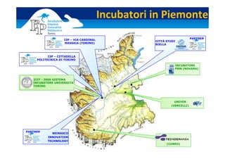 Incubatori in Piemonte
                    I3P – VIA CARDINAL                                   PARTNER
                                                    CITTÀ STUDI
                    MASSAIA (TORINO)                BIELLA



           I3P – CITTADELLA
     POLITECNICA DI TORINO

                                                                  INCUBATORE
                                                                  PMN (NOVARA)



   2I3T - 2006 SISTEMA
   INCUBATORE UNIVERSITA’
   TORINO




                                                              UNIVER
                                                            (VERCELLI)




PARTNER
              BEINASCO
           INNOVATION
           TECHNOLOGY
                                                          (CUNEO)
 