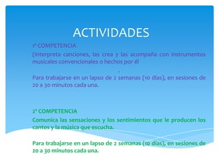 ACTIVIDADES1ª COMPETENCIA(Interpreta canciones, las crea y las acompaña con instrumentos musicales convencionales o hechos por él.Para trabajarse en un lapso de 2 semanas (10 días), en sesiones de 20 a 30 minutos cada una. 2ª COMPETENCIAComunica las sensaciones y los sentimientos que le producen los cantos y la música que escucha.Para trabajarse en un lapso de 2 semanas (10 días), en sesiones de 20 a 30 minutos cada una.