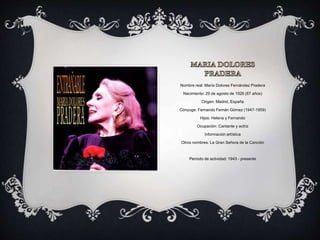 Nombre real: María Dolores Fernández Pradera
Nacimiento: 29 de agosto de 1926 (87 años)
Origen: Madrid, España
Cónyuge: Fernando Fernán Gómez (1947-1959)
Hijos: Helena y Fernando
Ocupación: Cantante y actriz
Información artística
Otros nombres: La Gran Señora de la Canción
Período de actividad: 1943 - presente
 