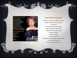 Nacimiento: 3 de Marzo de 1934 Cali, Colombia
Muerte: 7 de febrero de 2011 (76 años)
Cali, Colombia
Cónyuge: Hernán Isaías Ibarra (1951)
Pareja: Gonzalo Zafra (1964 - 1984)
Hijos: María Del Pilar Ibarra Vargas
Ocupación: Cantante
Información artística
Tipo de voz: Contralto
Otros nombres: Helenita Vargas, La Ronca De Oro,
La Reina De La Ranchera
Período de actividad: 1951-2011
 