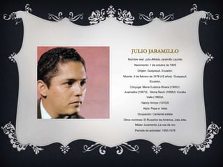 Nombre real: Julio Alfredo Jaramillo Laurido
Nacimiento: 1 de octubre de 1935
Origen: Guayaquil, Ecuador.
Muerte: 9 de febrero de 1978 (42 años) Guayaquil,
Ecuador.
Cónyuge: María Eudocia Rivera (1955)1,
Anamelba (1957)2, Gloria Reich (1958)3, Coralia
Valle (1960)4,
Nancy Arroyo (1970)5
Hijos: Pepe e Ielda
Ocupación: Cantante solista
Otros nombres: El Ruiseñor de América, Jota Jota,
Mister Juramento, La voz de oro
Período de actividad: 1950-1978
 