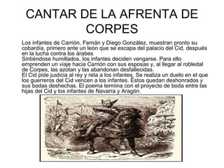 CANTAR DE LA AFRENTA DE
         CORPES
Los infantes de Carrión, Fernán y Diego González, muestran pronto su
cobardía, primero ante un león que se escapa del palacio del Cid, después
en la lucha contra los árabes
Sintiéndose humillados, los infantes deciden vengarse. Para ello
emprenden un viaje hacia Carrión con sus esposas y, al llegar al robledal
de Corpes, las azotan y las abandonan desfallecidas.
El Cid pide justicia al rey y reta a los infantes. Se realiza un duelo en el que
los guerreros del Cid vencen a los infantes. Éstos quedan deshonrados y
sus bodas deshechas. El poema termina con el proyecto de boda entre las
hijas del Cid y los infantes de Navarra y Aragón.
 