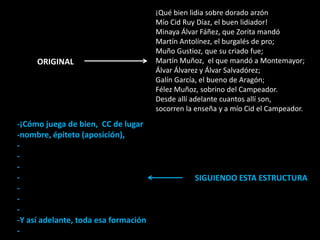 ORIGINAL

-¡Cómo juega de bien, CC de lugar
-nombre, épiteto (aposición),
-Y así adelante, toda esa formación
-

¡Qué bien lidia sobre dorado arzón
Mío Cid Ruy Díaz, el buen lidiador!
Minaya Álvar Fáñez, que Zorita mandó
Martín Antolínez, el burgalés de pro;
Muño Gustioz, que su criado fue;
Martín Muñoz, el que mandó a Montemayor;
Álvar Álvarez y Álvar Salvadórez;
Galín García, el bueno de Aragón;
Félez Muñoz, sobrino del Campeador.
Desde allí adelante cuantos allí son,
socorren la enseña y a mío Cid el Campeador.

SIGUIENDO ESTA ESTRUCTURA

 