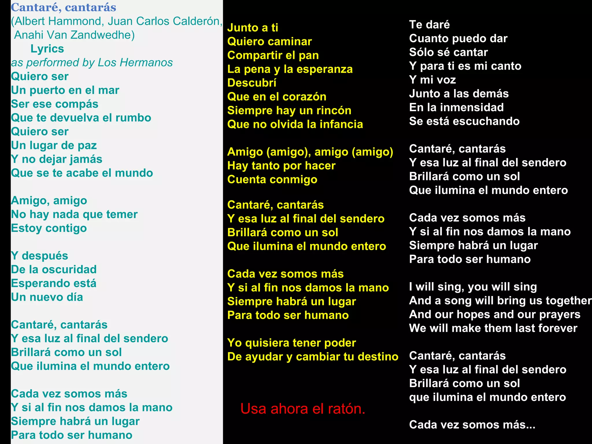 Cantaré, cantarás (Albert Hammond, Juan Carlos Calderón, Anahi Van Zandwedhe)      Lyrics as performed by Los Hermanos  Quiero ser Un puerto en el mar Ser ese compás Que te devuelva el rumbo Quiero ser Un lugar de paz Y no dejar jamás Que se te acabe el mundo Amigo, amigo No hay nada que temer Estoy contigo Y después De la oscuridad Esperando está Un nuevo día Cantaré, cantarás Y esa luz al final del sendero Brillará como un sol Que ilumina el mundo entero Cada vez somos más Y si al fin nos damos la mano Siempre habrá un lugar Para todo ser humano Te daré Cuanto puedo dar Sólo sé cantar Y para ti es mi canto Y mi voz Junto a las demás En la inmensidad Se está escuchando Cantaré, cantarás Y esa luz al final del sendero Brillará como un sol Que ilumina el mundo entero Cada vez somos más Y si al fin nos damos la mano Siempre habrá un lugar Para todo ser humano I will sing, you will sing And a song will bring us together And our hopes and our prayers We will make them last forever Cantaré, cantarás Y esa luz al final del sendero Brillará como un sol que ilumina el mundo entero Cada vez somos más... Junto a ti Quiero caminar Compartir el pan La pena y la esperanza Descubrí Que en el corazón Siempre hay un rincón Que no olvida la infancia Amigo (amigo), amigo (amigo) Hay tanto por hacer Cuenta conmigo Cantaré, cantarás Y esa luz al final del sendero Brillará como un sol Que ilumina el mundo entero Cada vez somos más Y si al fin nos damos la mano Siempre habrá un lugar Para todo ser humano Yo quisiera tener poder De ayudar y cambiar tu destino Usa ahora el ratón. 