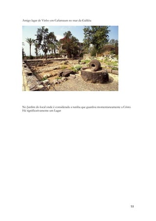 53 
Antigo lagar de Vinho em Cafarnaum no mar da Galiléia 
No Jardim do local onde é considerada a tumba que guardou momentaneamente a Cristo 
Há significativamente um Lagar 
 