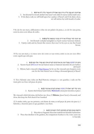532 
1. 8:9אם־חומה היא נבנה עליה טירת כסף ואם־דלת היא נצור עליה לוח ארז׃ 
2. Im-khomah hi nivneh aleihah tirat kasef veim-delet hi natzur aleiha luakh arez: 
3. If she [be] a wall, we will build upon her a palace of Kesef: and if she [be] a door, we will inclose her with boards of cedar. 
9 Se ela for um muro, edificaremos sobre ela um palácio de prata; e, se ela for uma porta, cercá-la-emos com tábuas de cedro. 
1. 8:10אני חומה ושׁדי כמגדלות אז הייתי בעיניו כמוצאת שׁלום׃ 
2. Ani khomah veshadai kamigdalot az hayiti veeinav kemotzet shalom: 
3. I [am] a wall, and my breasts like towers: then was I in his eyes as one that found favour. 
10 Eu sou um muro, e os meus seios são como as suas torres; então eu era aos seus olhos como aquela que acha paz. 
1. 8:11 כרם היה לשׁלמה בבעל המון נתן את־הכרם לנטרים אישׁ יבא בפריו אלף כסף׃ 
2. Kerem hayah liShlomoh bevaal hamon natan et-hakerem lanotrim ish yavi befiryo elef kasef: 
3. Shlomo had a vineyard at Baal-Hamon; he let out the vineyard unto keepers; every one for the fruit thereof was to bring a thousand [pieces] of Kesef. 
11 Teve Salomão uma vinha em Baal-Hamom; entregou-a a uns guardas; e cada um lhe trazia pelo seu fruto mil peças de prata. 
1. 8:12 כרמי שׁלי לפני האלף לך שׁלמה ומאתים לנטרים את־פריו׃ 
2. Karmi sheli lefanai haelef lekha Shelomoh umatayim lenotrim et-piryo: 
My vineyard, which [is] mine, [is] before me: thou, O Shlomo, [must have] a thousand, and those that keep the fruit thereof two hundred 
12 A minha vinha, que me pertence, está diante de mim; as mil peças de prata são para ti, ó Salomão, e duzentas para os que guardam o seu fruto. 
1. 8:13היושׁבת בגנים חברים מקשׁיבים לקולך השׁמיעיני׃ 
2. Hayoshevet baganim khaverim makshivim lekolekh hashemiini: 
3. Thou that dwellest in the gardens, the companions hearken to thy voice: cause me to hear [it]. 
 