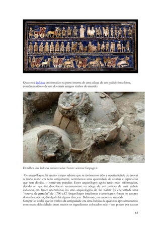 57 
Quarenta ânforas encontradas na parte interna de uma adega de um palácio israelense, contém resíduos de um dos mais antigos vinhos do mundo: 
Detalhes das ânforas encontradas. Fonte: scienze.fanpage.it 
Os arqueólogos, há muito tempo sabiam que se tivéssemos tido a oportunidade de provar o vinho como era feito antigamente, sentiríamos uma quantidade de aromas e especiarias que sem dúvida, o tornavam peculiar. Esses arqueólogos agora terão mais informações, devido ao que foi descoberto recentemente na adega de um palácio de uma cidade cananéia, em Israel setentrional, no sítio arqueológico de Tel Kabri: foi encontrada uma “reserva de garrafas” de 1.700 a.C! Arqueólogos israelenses e americanos foram os autores dessa descoberta, divulgada há alguns dias, em Baltimore, no encontro anual da . 
Sempre se soube que os vinhos da antiguidade era uma bebida da qual nos aproximaríamos com muita dificuldade: eram muitos os ingredientes colocados nele – um pouco por causas  