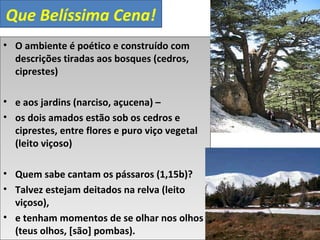 Que Belíssima Cena! 
• O ambiente é poético e construído com 
descrições tiradas aos bosques (cedros, 
ciprestes) 
• e aos jardins (narciso, açucena) – 
• os dois amados estão sob os cedros e 
ciprestes, entre flores e puro viço vegetal 
(leito viçoso) 
• Quem sabe cantam os pássaros (1,15b)? 
• Talvez estejam deitados na relva (leito 
viçoso), 
• e tenham momentos de se olhar nos olhos 
(teus olhos, [são] pombas). 
 