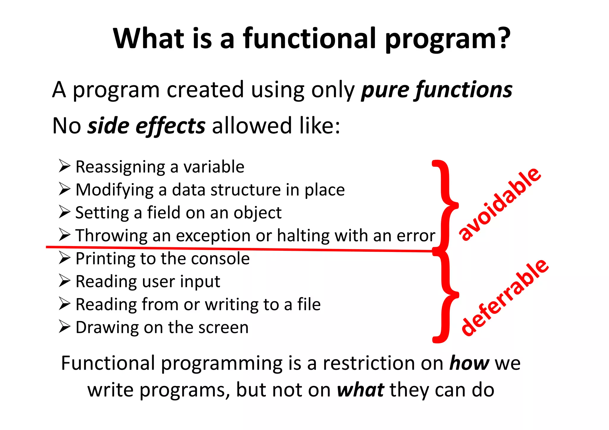 Reassigning a variable
Modifying a data structure in place
Setting a field on an object
Throwing an exception or halting with an error
Printing to the console
Reading user input
Reading from or writing to a file
Drawing on the screen
A program created using only pure functions
What is a functional program?
No side effects allowed like:
Functional programming is a restriction on how we
write programs, but not on what they can do
}
}
 