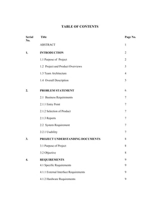 TABLE OF CONTENTS
Serial
No.
Title Page No.
ABSTRACT 1
1. INTRODUCTION 2
1.1 Purpose of Project 2
1.2 Project and Product ...