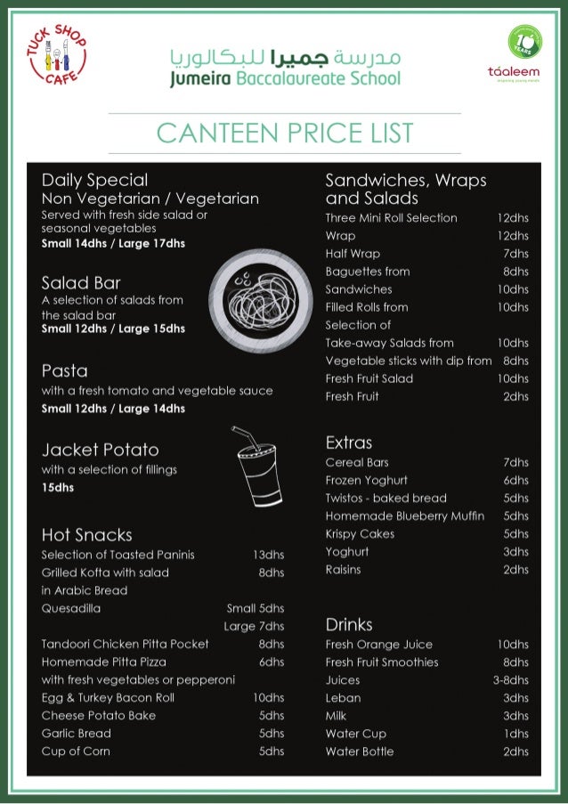 Canteen price list jumeirah baccalaureate school