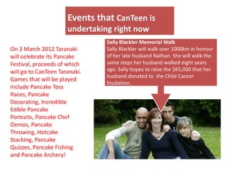 Events that CanTeen is
                      undertaking right now
                                Sally Blackler Memorial Walk
On 3 March 2012 Taranaki        Sally Blackler wiil walk over 1000km in honour
will celebrate its Pancake      of her late husband Nathan. She will walk the
Festival, proceeds of which     same steps her husband walked eight years
will go to CanTeen Taranaki.    ago. Sally hopes to raise the $65,000 that her
                                husband donated to the Child Cancer
Games that will be played
                                foudation.
include Pancake Toss
Races, Pancake
Decorating, Incredible
Edible Pancake
Portraits, Pancake Chef
Demos, Pancake
Throwing, Hotcake
Stacking, Pancake
Quizzes, Pancake Fishing
and Pancake Archery!
 