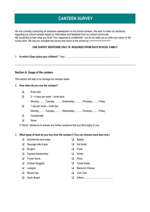 Canteen user survey format Developed by Arunesh Chand Mankotia PDF