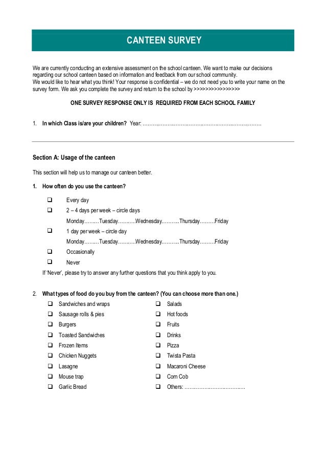 Canteen user survey format Developed by Arunesh Chand Mankotia