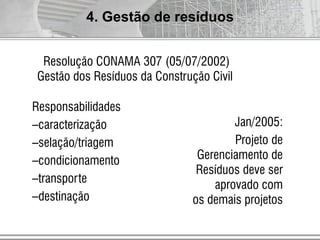 Jan/2005:
Projeto de
Gerenciamento de
Resíduos deve ser
aprovado com
os demais projetos
Responsabilidades
–caracterização
–selação/triagem
–condicionamento
–transporte
–destinação
Resolução CONAMA 307 (05/07/2002)
Gestão dos Resíduos da Construção Civil
4. Gestão de resíduos
 