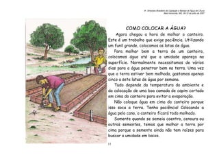 6o. Simpósio Brasileiro de Captação e Manejo de Água de Chuva
Belo Horizonte, MG, 09-12 de julho de 2007
15
COMO COLOCAR A ÁGUA?
Agora chegou a hora de molhar o canteiro.
Este é um trabalho que exige paciência. Utilizando
um funil grande, colocamos as latas de água.
Para molhar bem a terra de um canteiro,
colocamos água até que a umidade apareça na
superfície. Normalmente necessitamos de vários
dias para a água penetrar bem na terra. Uma vez
que a terra estiver bem molhada, gastamos apenas
cinco a sete latas de água por semana.
Tudo depende da temperatura do ambiente e
da colocação de uma boa camada de capim cortado
em cima do canteiro para evitar a evaporação.
Não coloque água em cima do canteiro porque
isso soca a terra. Tenha paciência! Colocando a
água pelo cano, o canteiro ficará todo molhado.
Somente quando se semeia coentro, cenoura ou
outras sementes, temos que molhar a terra por
cima porque a semente ainda não tem raízes para
buscar a umidade em baixo.
 