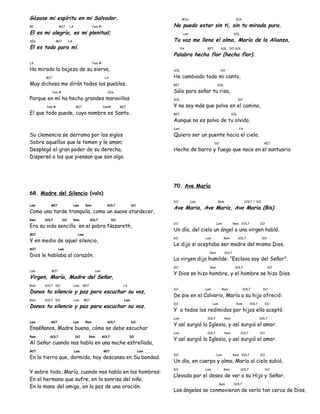 Gózase mi espíritu en mi Salvador.
RE MI7 LA fam #
El es mi alegría, es mi plenitud;
SIm MI7 LA
El es todo para mí.
LA fam #
Ha mirado la bajeza de su sierva,
MI7 LA
Muy dichosa me dirán todos los pueblos,
fam # SIm
Porque en mí ha hecho grandes maravillas
fam # MI7 fam# MI7
El que todo puede, cuyo nombre es Santo.
Su clemencia se derrama por los siglos
Sobre aquellos que le temen y le aman;
Desplegó el gran poder de su derecha,
Dispersó a los que piensan que son algo.
68. Madre del Silencio (vals)
Lam MI7 Lam Rem SOL7 DO
Como una tarde tranquila, como un suave atardecer,
Rem SOL7 DO Rem SOL7 DO
Era su vida sencilla en el pobre Nazareth,
MI7 Lam
Y en medio de aquel silencio,
MI7 Lam
Dios le hablaba al corazón.
Lam MI7 Lam
Virgen, María, Madre del Señor,
Rem SOL7 DO Lam MI7 LA
Danos tu silencio y paz para escuchar su voz,
Rem SOL7 DO Lam MI7 Lam
Danos tu silencio y paz para escuchar su voz.
Lam MI7 Lam Rem SOL7 DO
Enséñanos, Madre buena, cómo se debe escuchar
Rem SOL7 DO Rem SOL7 DO
Al Señor cuando nos habla en una noche estrellada,
MI7 Lam MI7 Lam
En la tierra que, dormida, hoy descansa en Su bondad.
Y sobre todo, María, cuando nos habla en los hombres:
En el hermano que sufre, en la sonrisa del niño,
En la mano del amigo, en la paz de una oración.
MIm SIm
No puedo estar sin ti, sin tu mirada pura.
Lam SOL
Tu voz me llena el alma, María de la Alianza,
FA RE7 SOL DO SOL
Palabra hecha flor (hecha flor).
SOL DO
He cambiado todo mi canto,
RE7 SOL
Sólo para soñar tu risa,
SOL DO
Y no soy más que polvo en el camino,
RE7 SOL
Aunque no es polvo de tu olvido.
Lam FA
Quiero ser un puente hacia el cielo,
DO RE7
Hecho de barro y fuego que nace en el santuario
70. Ave María
DO Lam Rem SOL7 / DO
Ave Maria, Ave Maria, Ave Maria (Bis)
DO Lam Rem SOL7 DO
Un día, del cielo un ángel a una virgen habló.
DO Lam Rem SOL7 DO
Le dijo si aceptaba ser madre del mismo Dios.
Rem SOL7
La virgen dijo humilde: “Esclava soy del Señor”.
DO Rem SOL7 DO
Y Dios se hizo hombre, y el hombre se hizo Dios.
DO Lam Rem SOL7 DO
De pie en el Calvario, María a su hijo ofreció:
DO Lam Rem SOL7 DO
Y a todos los redimidos por hijos ella aceptó.
Lam SOL7 Rem SOL7
Y así surgió la Iglesia, y así surgió el amor.
Lam SOL7 Rem SOL7 DO
Y así surgió la Iglesia, y así surgió el amor.
DO Lam Rem SOL7 DO
Un día, en cuerpo y alma, María al cielo subió,
DO Lam Rem SOL7 DO
Llevada por el deseo de ver a su Hijo y Señor.
Rem SOL7
Los ángeles se conmovieron de verla tan cerca de Dios,
 