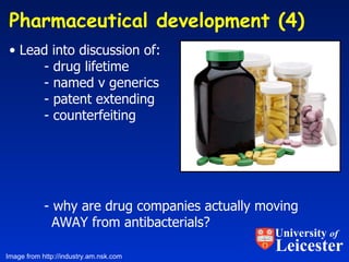 Pharmaceutical development (4)  Lead into discussion of: - drug lifetime - named v generics - patent extending - counterfeiting - why are drug companies actually moving    AWAY from antibacterials? Image from http://industry.am.nsk.com University  of Leicester 