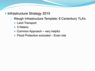  Infrastructure Strategy 2015
o Waugh Infrastructure Template: 8 Canterbury TLA’s
 Land Transport
 3 Waters
 Common Approach – very helpful
 Flood Protection excluded – Ecan role
 